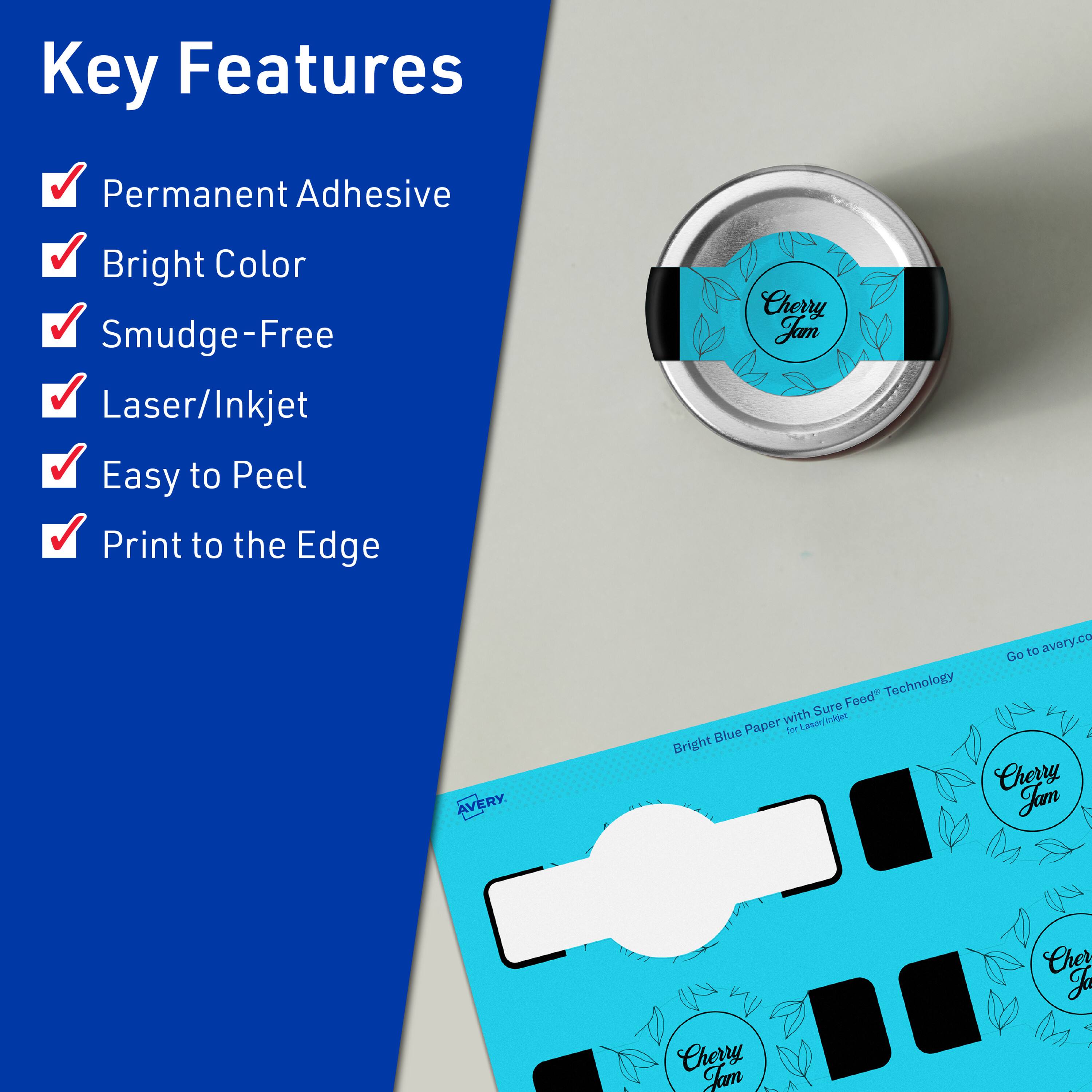 Key Features  
- Permanent Adhesive  
- Bright Color  
- Smudge-Free  
- Laser/Inkjet  
- Easy to Peel  
- Print to the Edge  

Bright Blue Paper with Sure Feed™ Technology  

Cherry Jam  

AVERY  

Go to avery.co