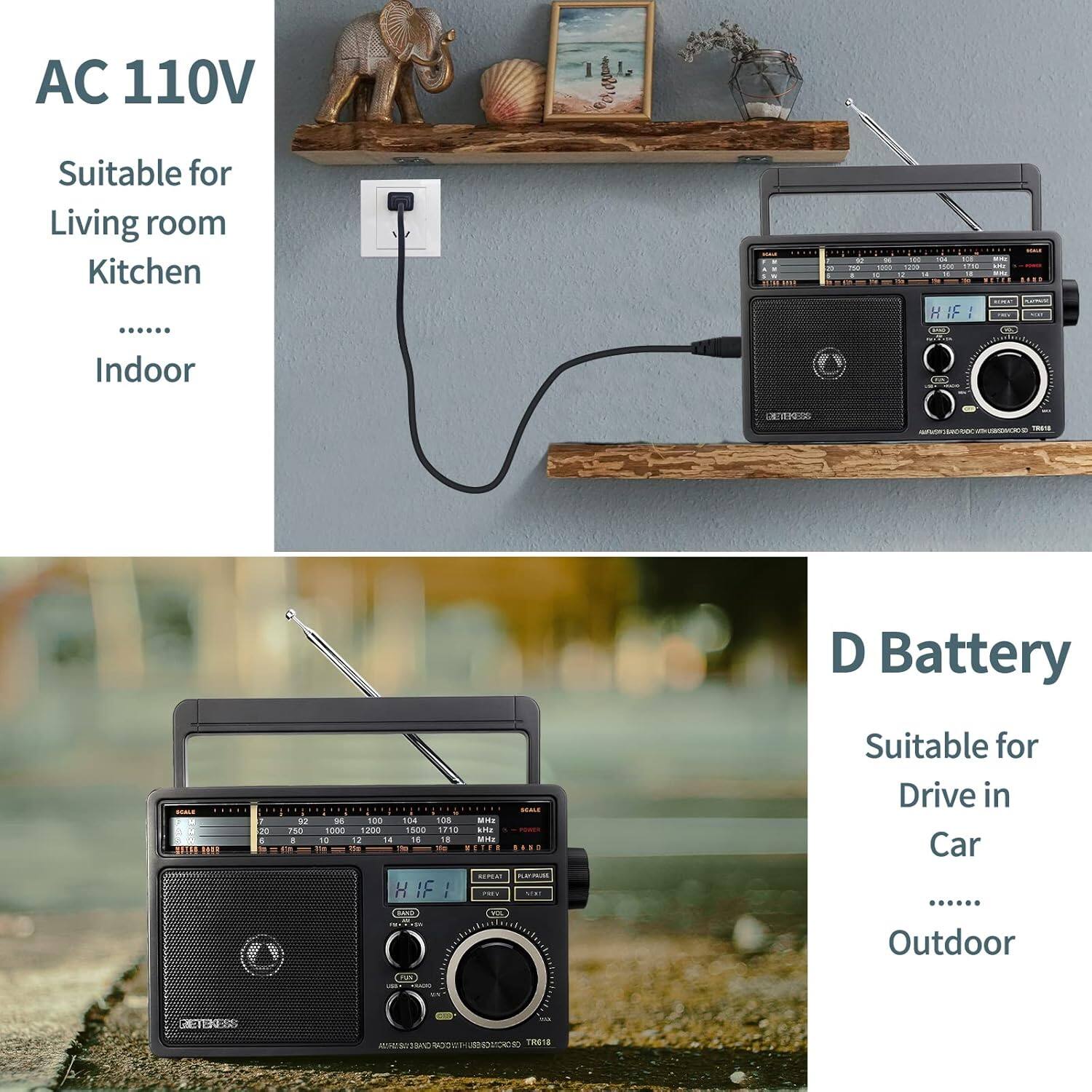 AC 110V  
Suitable for Living room Kitchen  
Indoor  

D Battery  
Suitable for Drive in Car  
Outdoor