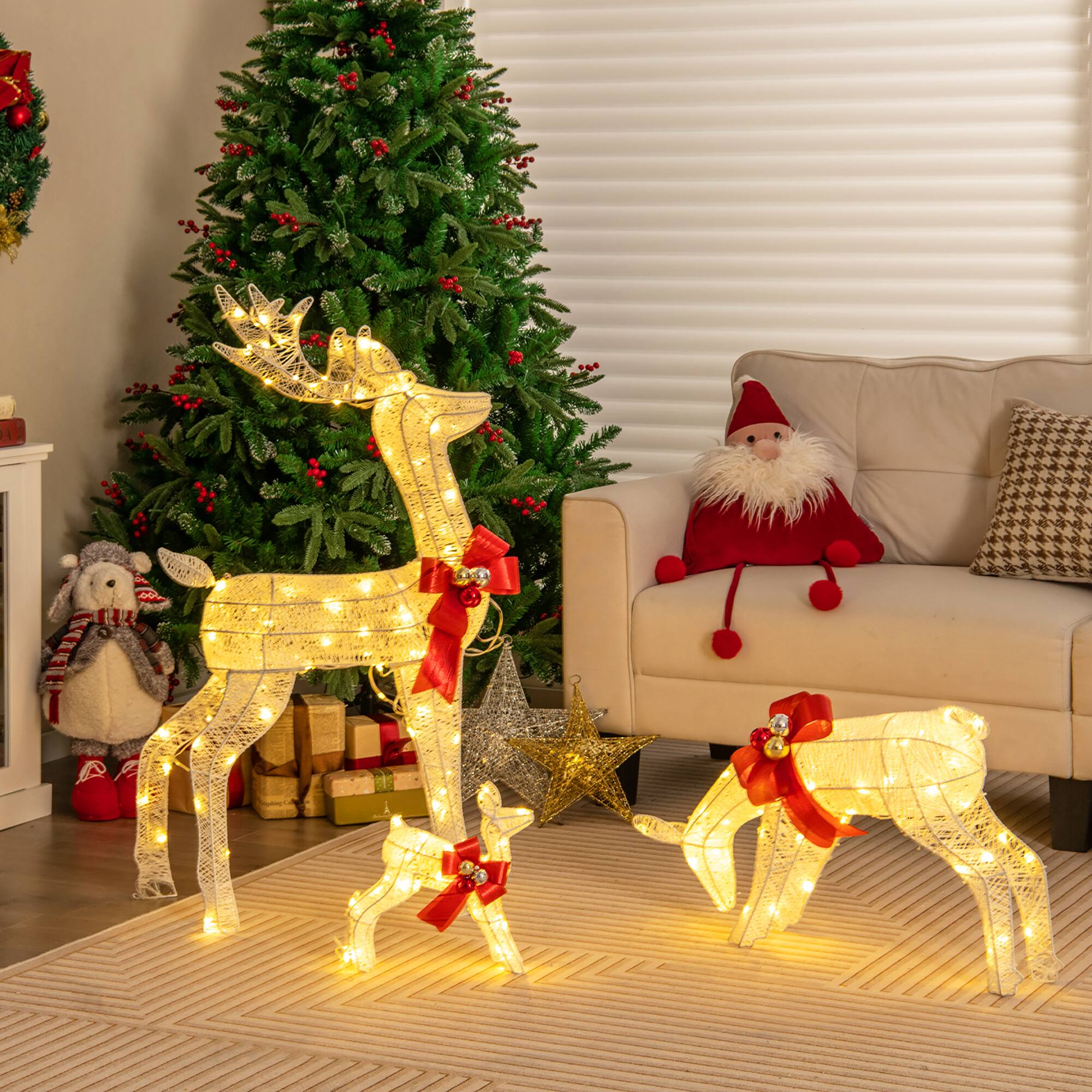 Alt View 3. Gymax - Gymax 3-Piece Reindeer Family Set w/ LED Lights Christmas Deer Weather-resistant Decorations - White.