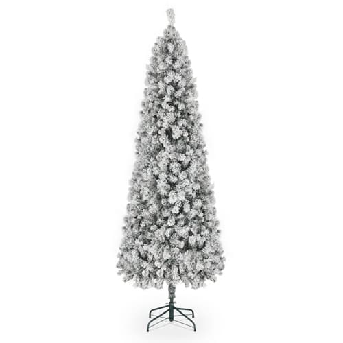 Winado - 7.5FT Pre-lit Pencil Christmas Tree Snow Flocked Artificial with Lights, Branch Tips, Base for Indoor Holiday Decoration - Green