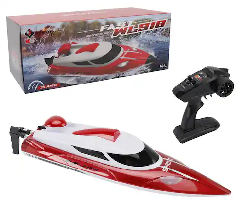 Sure, here is the corrected and grouped text from the image:
**Box:**
- FAST WAVE
- HIGH SPEED RACING BOAT
- 14+
- 35 KM/H
- 2.4GHZ SPRINT 5
- X5
**Boat:**
- SPRINT
- 2.4GHZ
**Controller:**
- (No visible text)