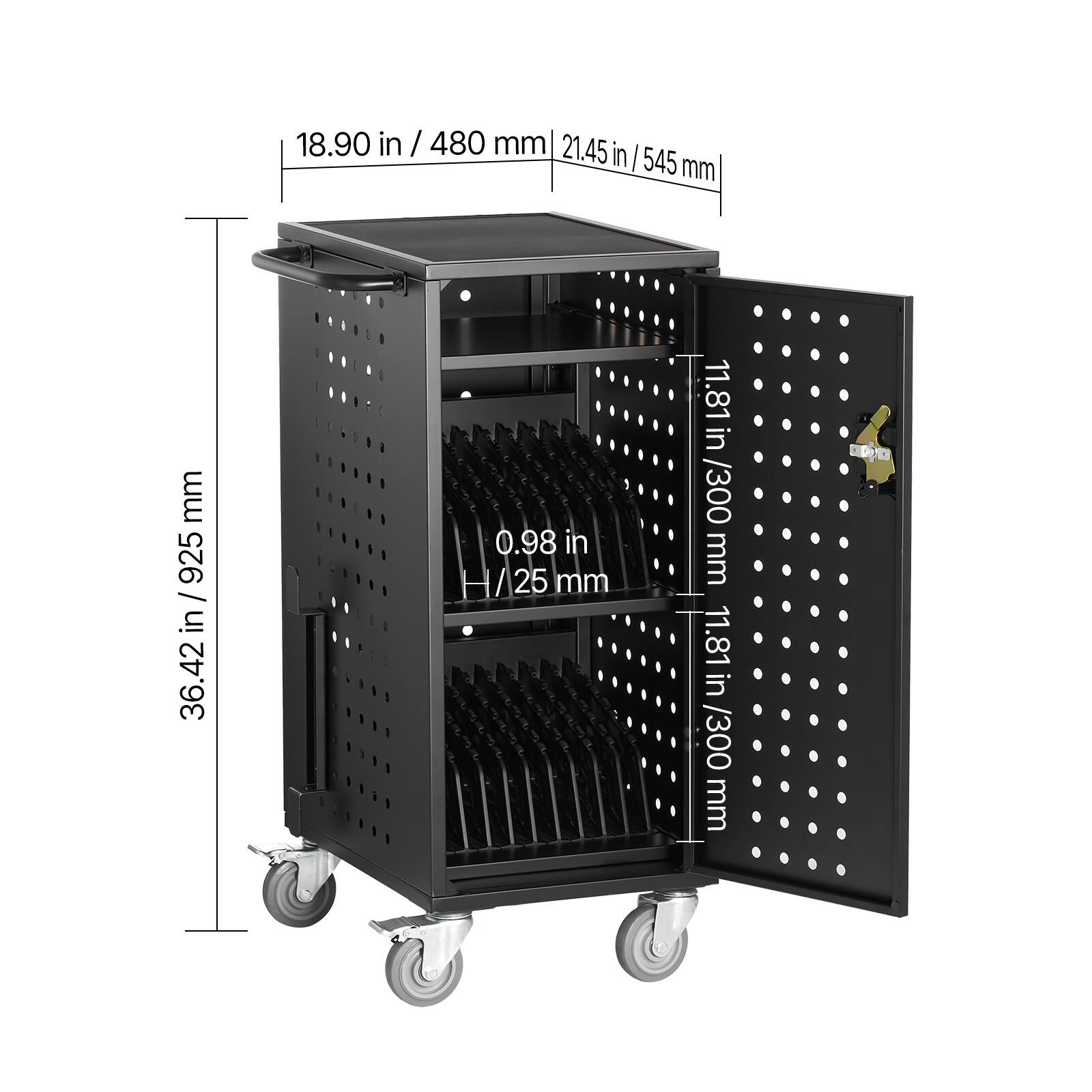 18.90 in / 480 mm  
21.45 in / 545 mm  
36.42 in / 925 mm  
0.98 in / 25 mm  
11.81 in / 300 mm  
11.81 in / 300 mm