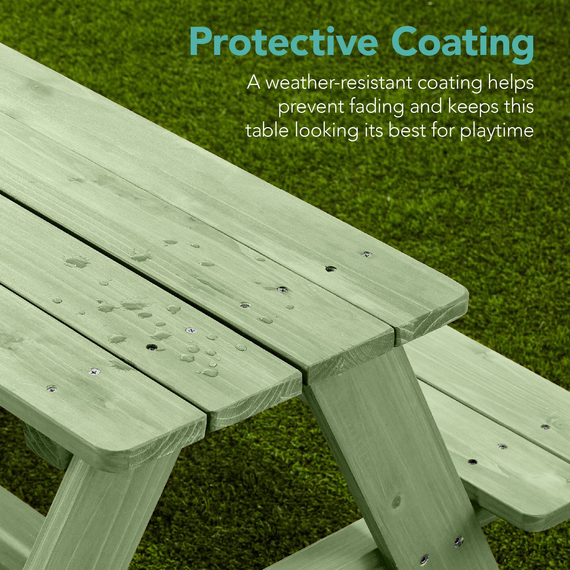 Protective Coating

A weather-resistant coating helps prevent fading and keeps this table looking its best for playtime.
