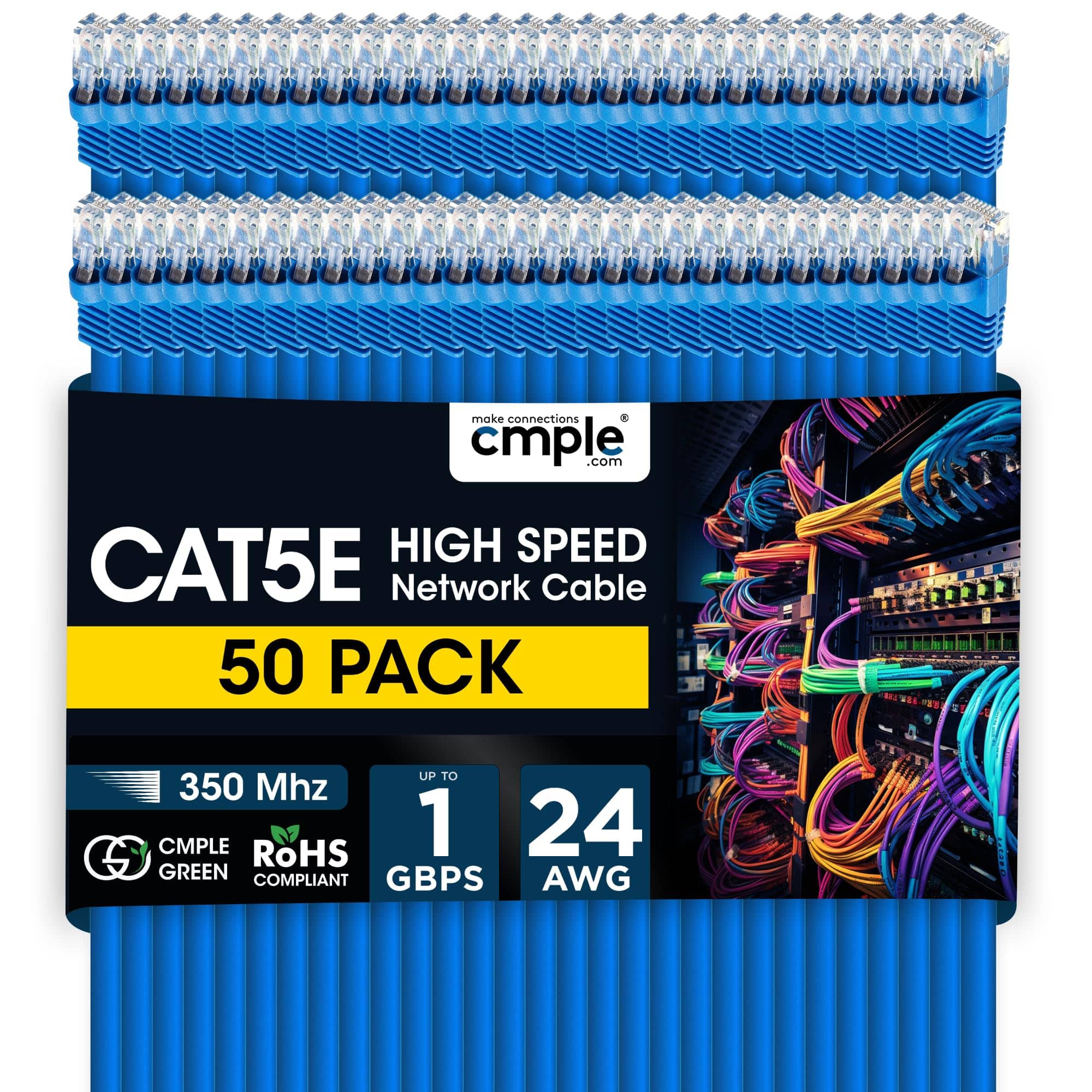 Cmple.com - Cmple - 50 Pack Cat 5e Ethernet Cable 1.5 ft 1Gbps Cat5e Patch Cord, RJ45 Connectors 350MHz Internet Cables - Blue