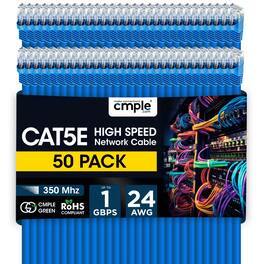 Cmple.com - Cmple - 50 Pack Cat 5e Ethernet Cable 1.5 ft 1Gbps Cat5e Patch Cord, RJ45 Connectors 350MHz Internet Cables - Blue