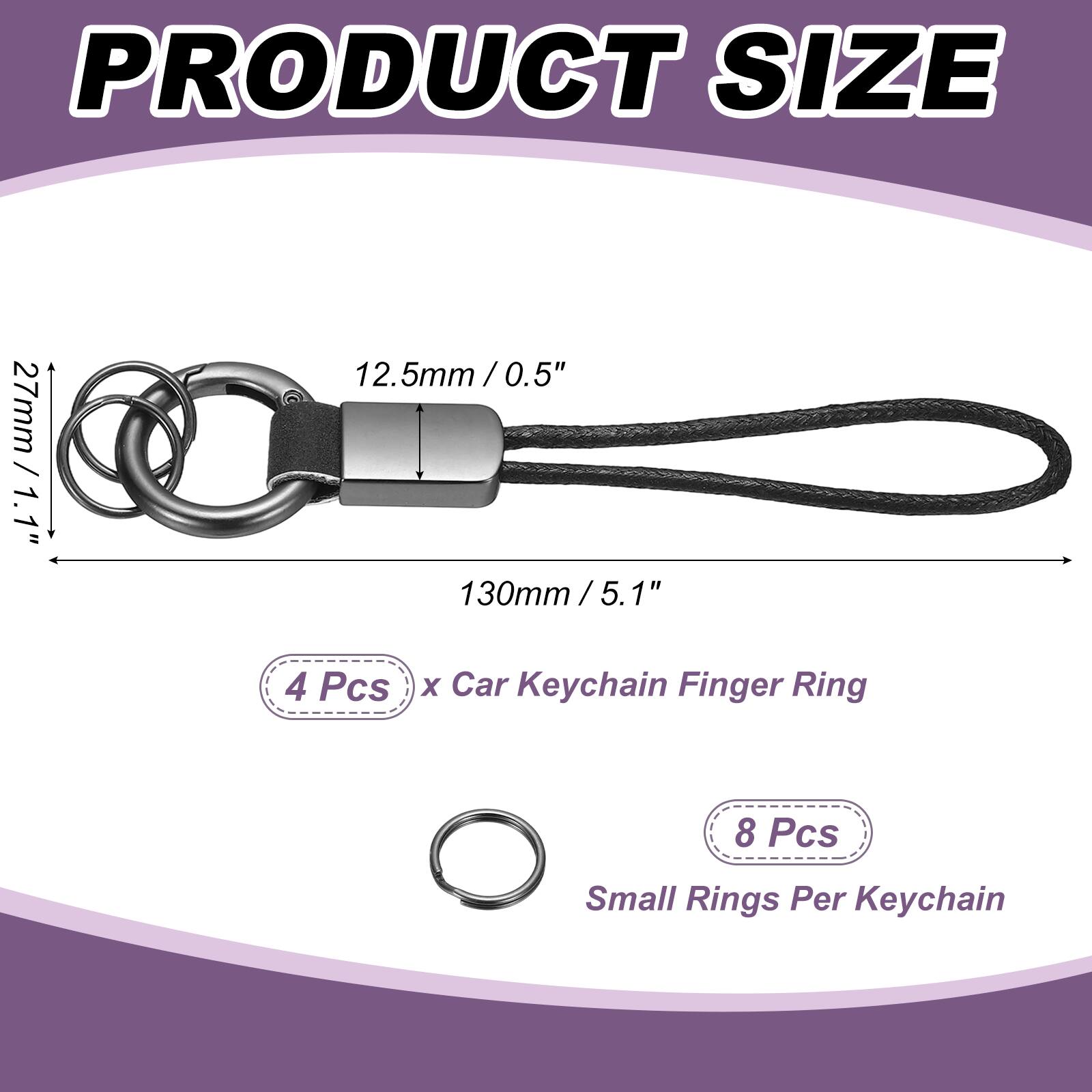PRODUCT SIZE

27mm / 1.1"  
12.5mm / 0.5"  
130mm / 5.1"  

4 Pcs x Car Keychain Finger Ring  
8 Pcs Small Rings Per Keychain