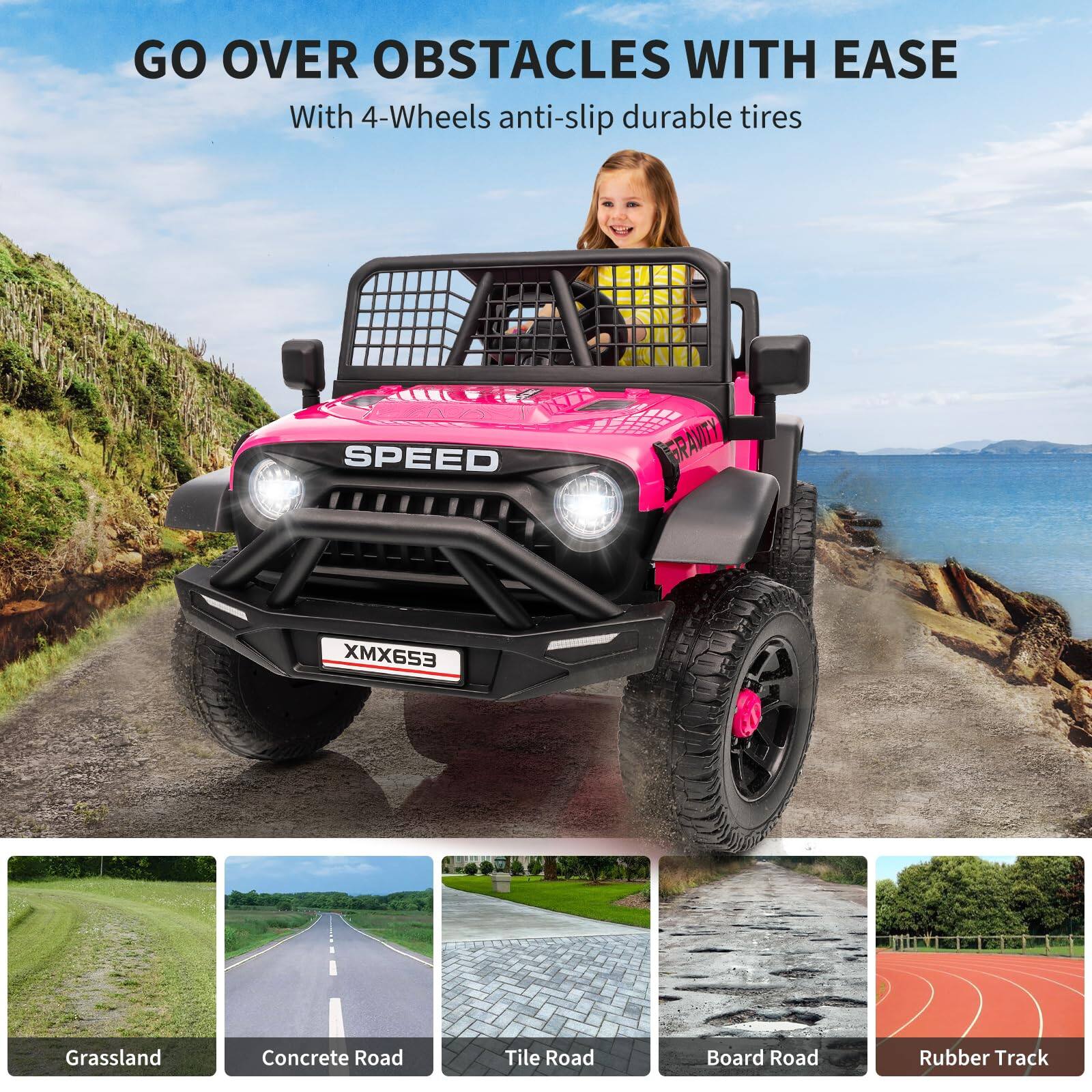 GO OVER OBSTACLES WITH EASE  
With 4-Wheels anti-slip durable tires  

SPEED  
XMX653  

Grassland  
Concrete Road  
Tile Road  
Board Road  
Rubber Track
