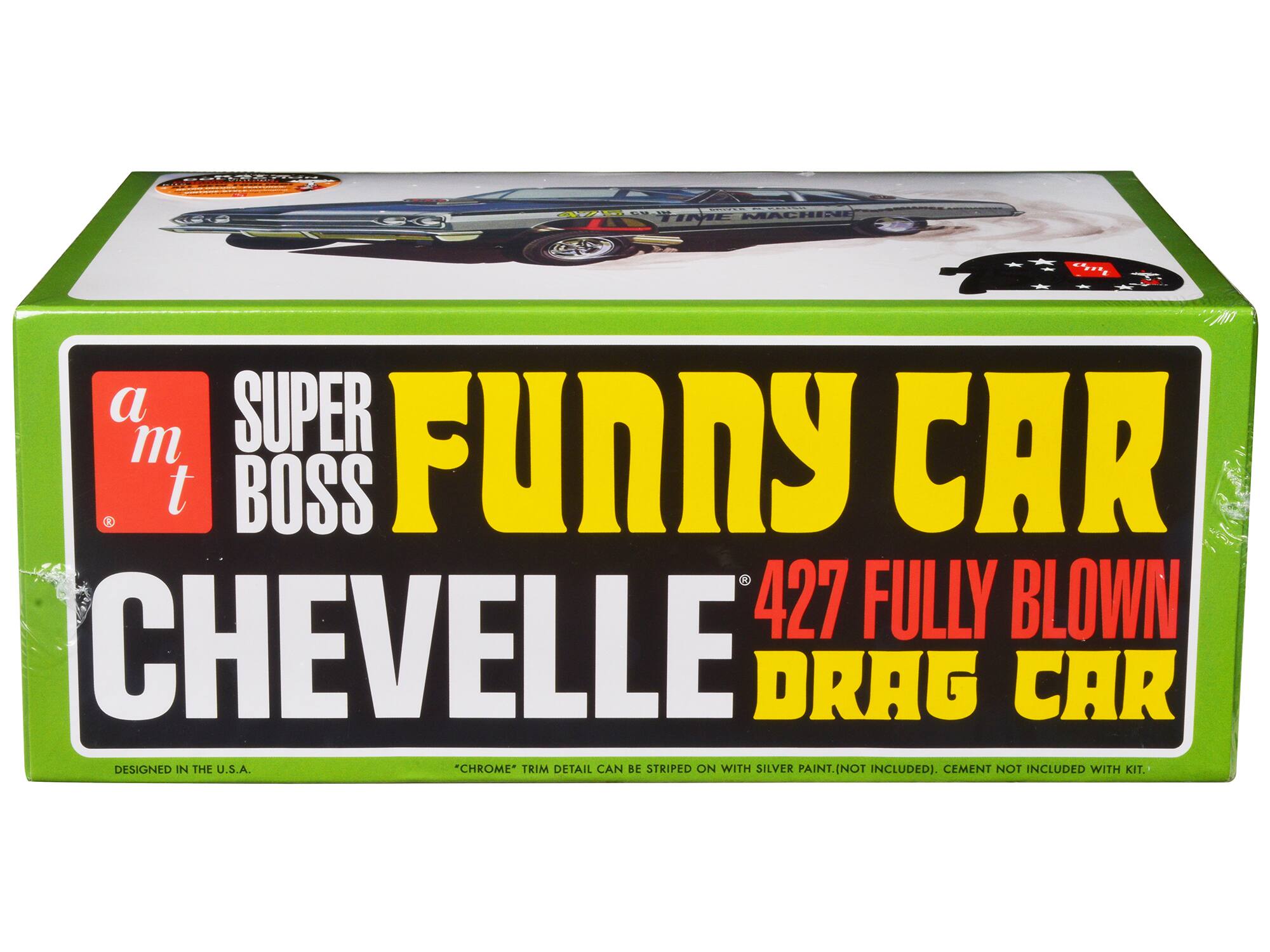a m t SUPER BOSS FUNNY CAR 427 FULLY BLOWN CHEVELLE DRAG CAR DESIGNED IN THE U.S.A. *"CHROME" TRIM DETAIL CAN BE STRIPED ON WITH SILVER PAINT. (NOT INCLUDED). CEMENT NOT INCLUDED WITH KIT.