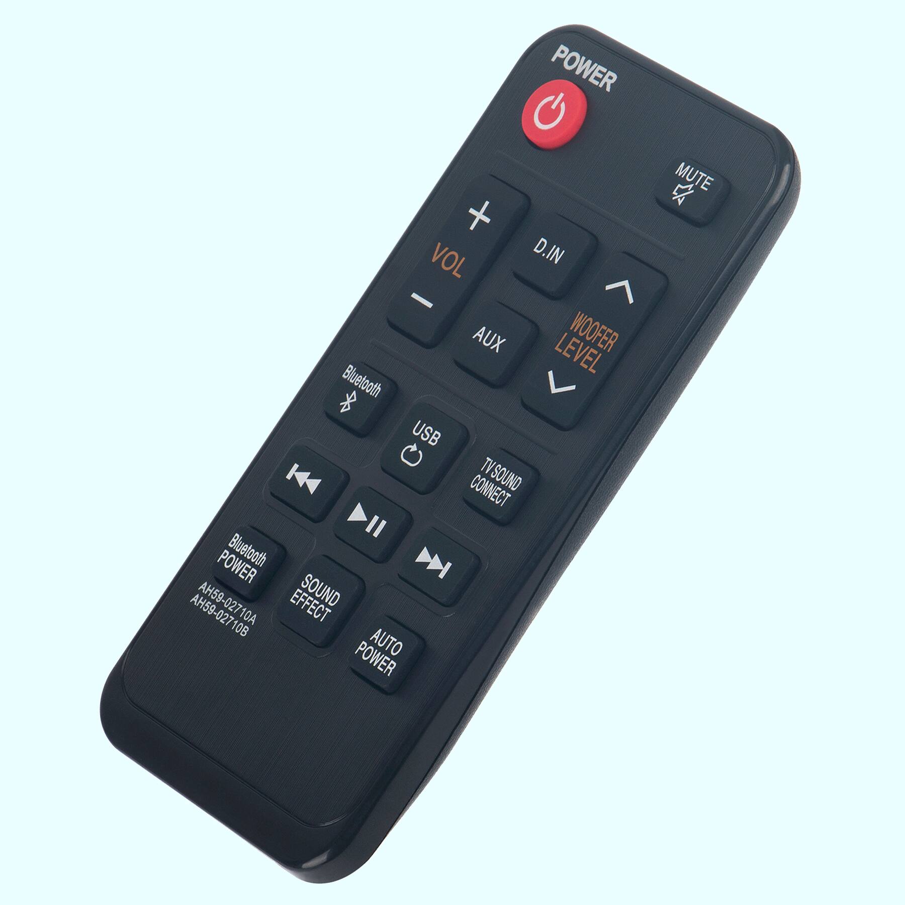 POWER  
MUTE  

VOL +  
VOL -  
AUX  
D.IN  
WOOFER LEVEL  

Bluetooth  
USB  
TV SOUND CONNECT  

Bluetooth POWER  
SOUND EFFECT  
AUTO POWER  

AH59-02710A  
AH59-02710B
