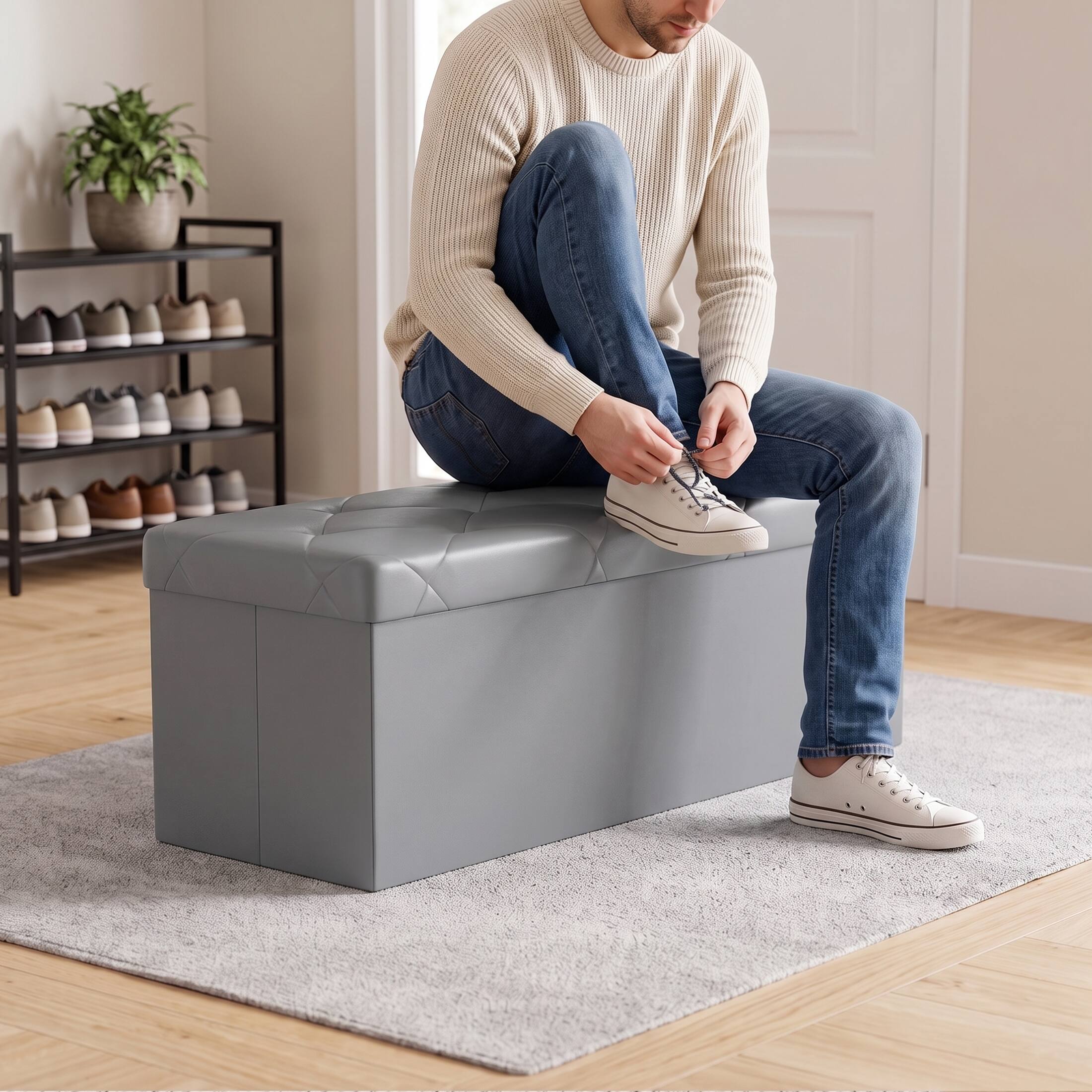 Back. Sweetcrispy - 43-in Foldable Storage Bench, Bedside Ottoman with Storage and Cushioned Seat, Faux Leather Foot Rest Stool - Gray.