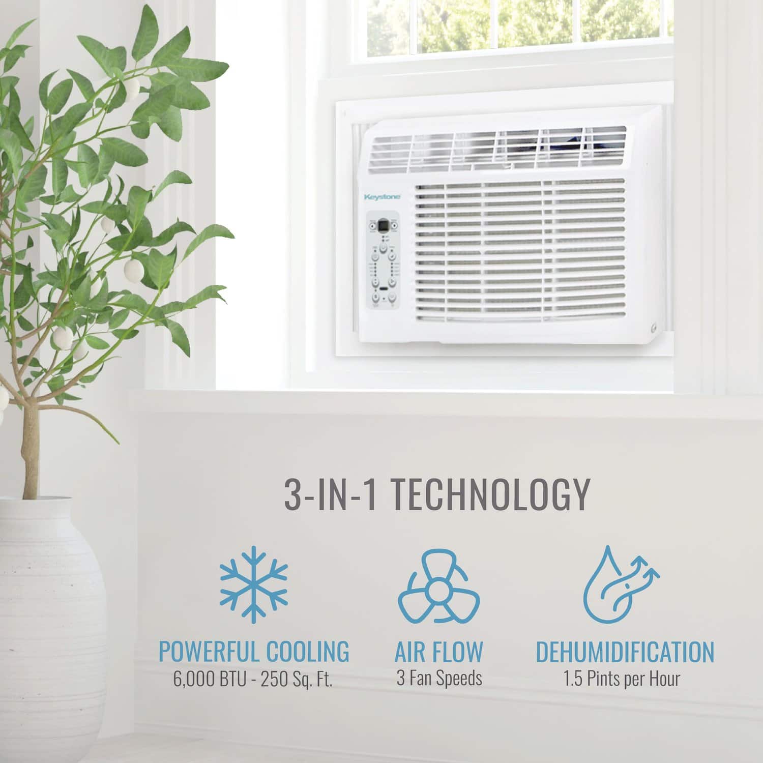 Keystone 3-IN-1 TECHNOLOGY
POWERFUL COOLING
6,000 BTU - 250 Sq. Ft.
AIR FLOW
3 Fan Speeds
DEHUMIDIFICATION
1.5 Pints per Hour