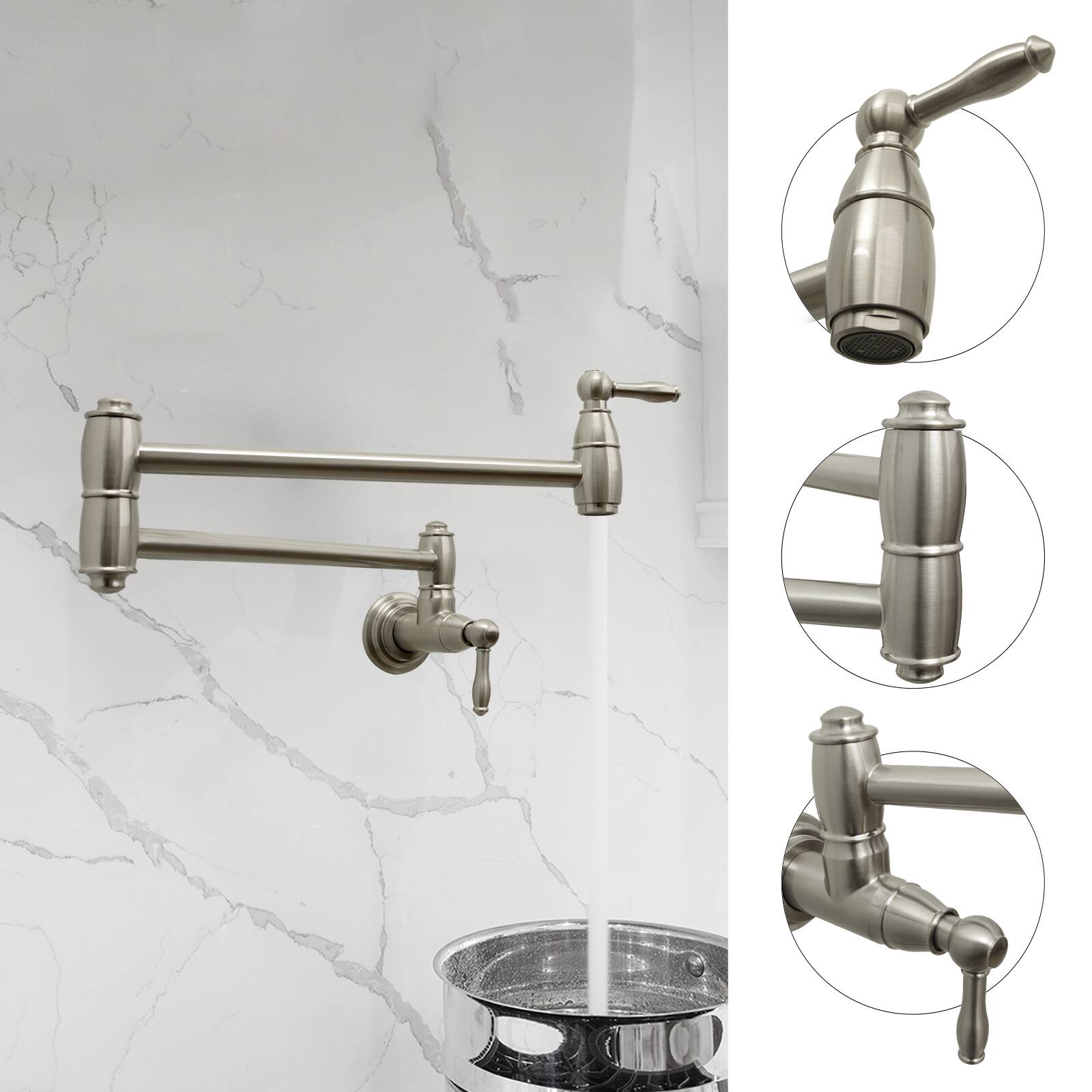 Alt View 2. Akicon - Akicon Wall-Mounted Solid Brass Pot Filler Kitchen Faucet with Dual Joint Swing Arms for Stovetop in Brushed Nickel - Brushed Nickel.