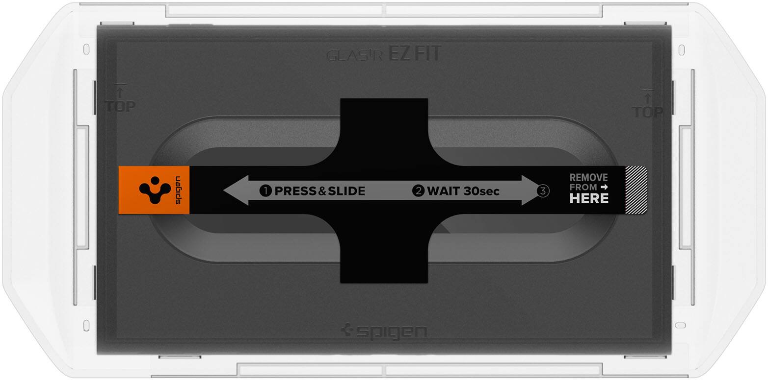 Sure, here is the corrected and grouped text from the image:

---

**GLASIR EZFIT**

1. **PRESS & SLIDE**
2. **WAIT 30sec**
3. **REMOVE FROM HERE**

**spigen**

---

**Labs**