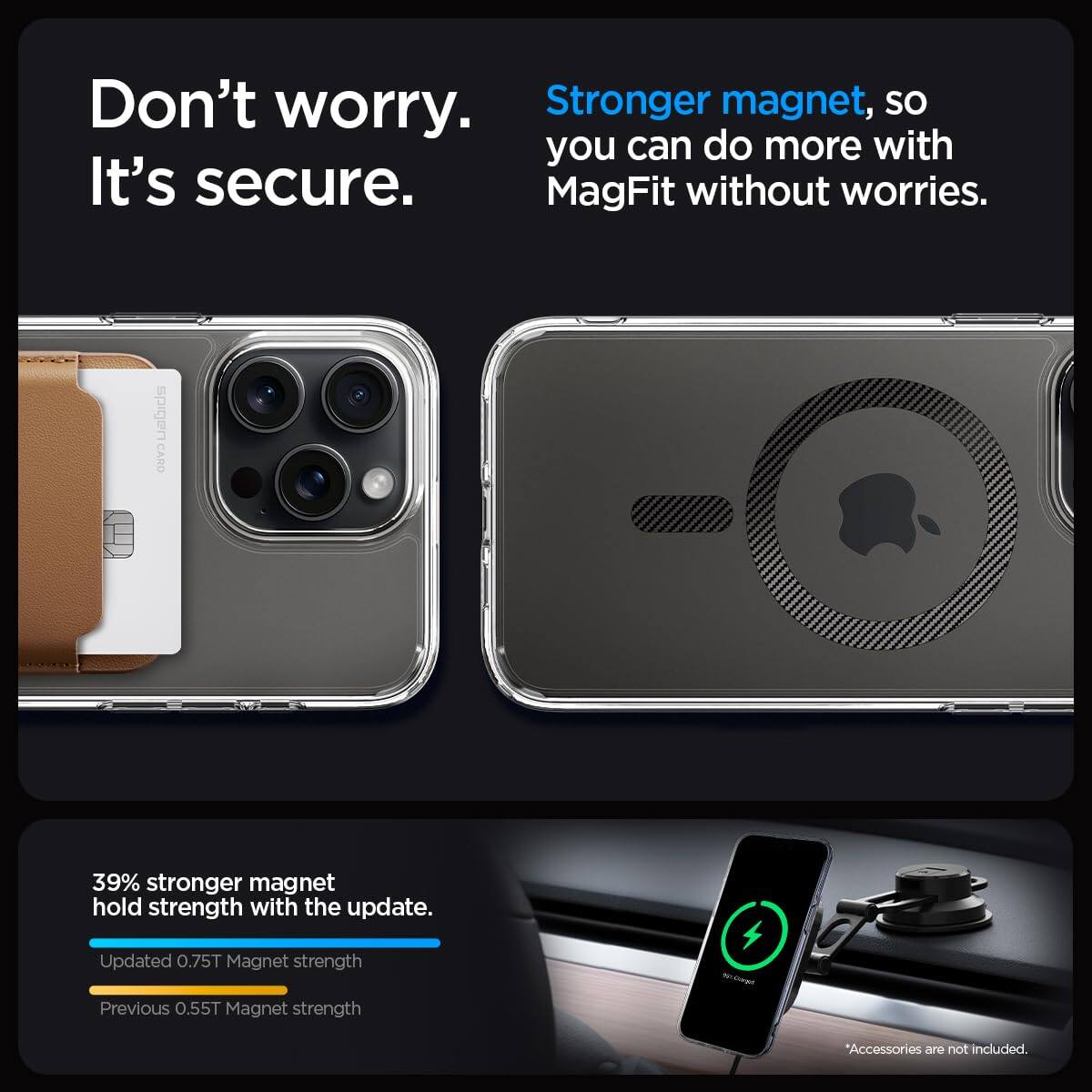 Don't worry. It's secure. Stronger magnet, so you can do more with MagFit without worries. uabids CARD 39% stronger magnet hold strength with the update. Updated 0.75T Magnet strength Previous 0.55T Magnet strength *Accessories are not included.