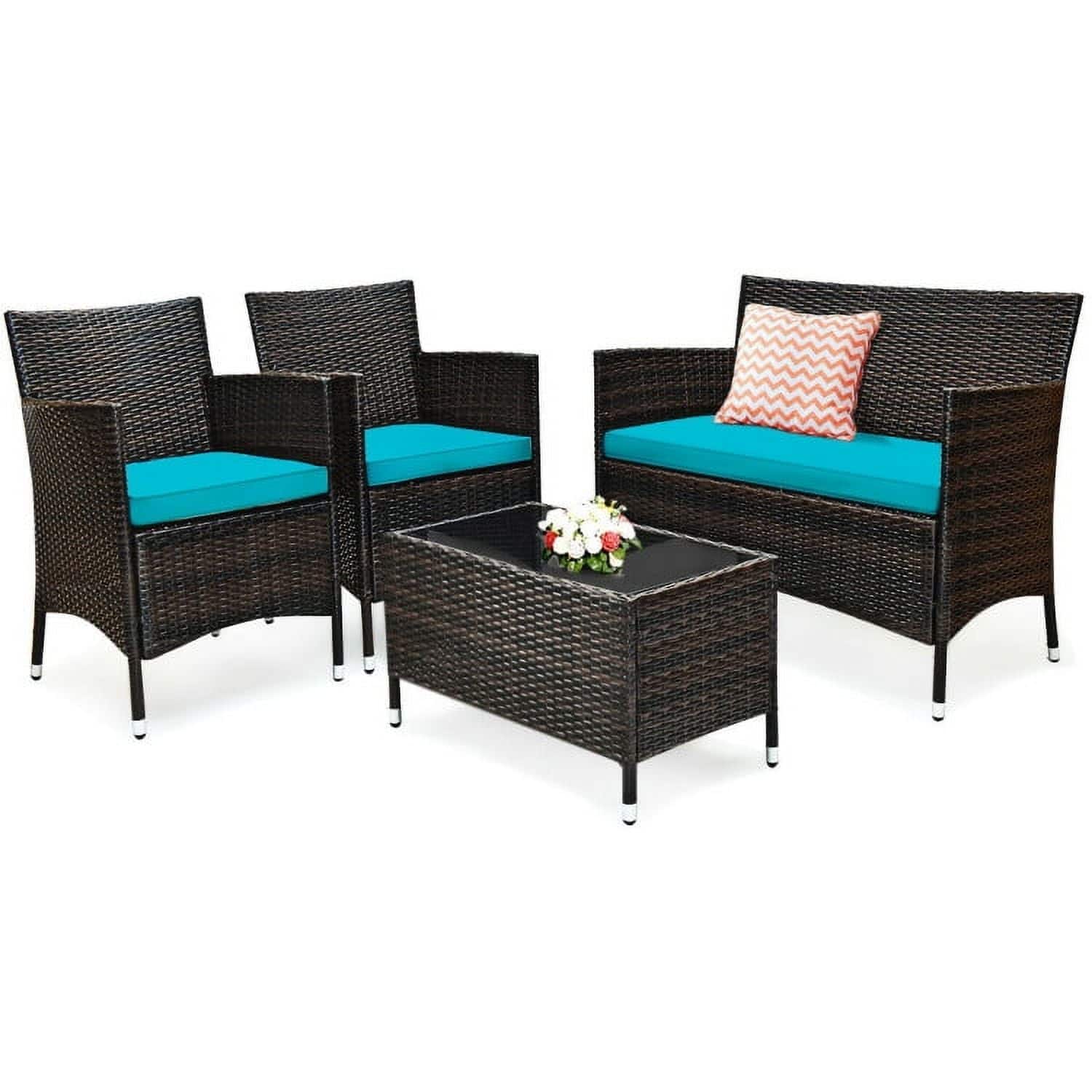 Kadyn - 4 Pcs Patio Cushioned Wicker Conversation Set, All Weather Outdoor Sectional Sofa - Blue