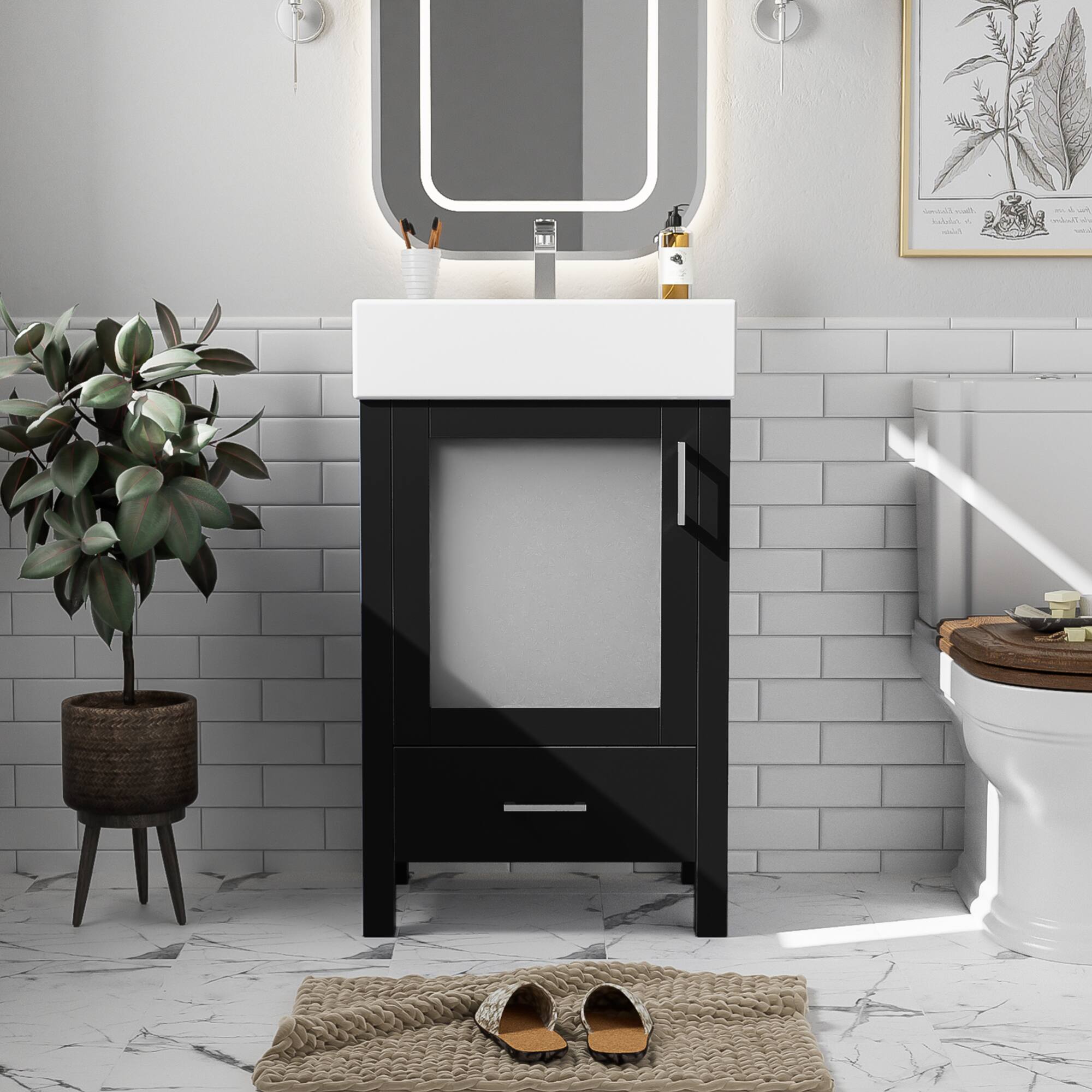Angle. ELEMENT ACE - Compact bathroom vanity with ceramic sink and storage - Black.