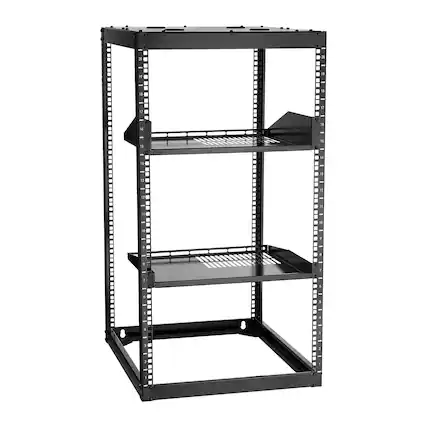 Front. VEVOR - 20U Open Frame Network Rack, 23 in Depth, Wall Mounted or Floor Standing Server Rack, Heavy Duty 4 Post - Black.