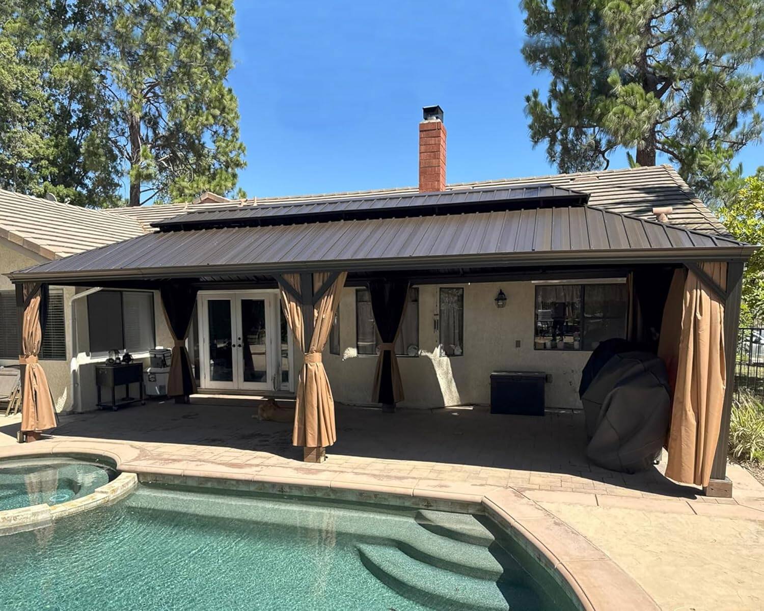 Alt View 1. PURPLE LEAF - 12' X 26' Outdoor Aluminum Hardtop Gazebo with Metal Double Roof with Netting and Curtains, Khaki Permanent Pavilion - 12' X 26'.