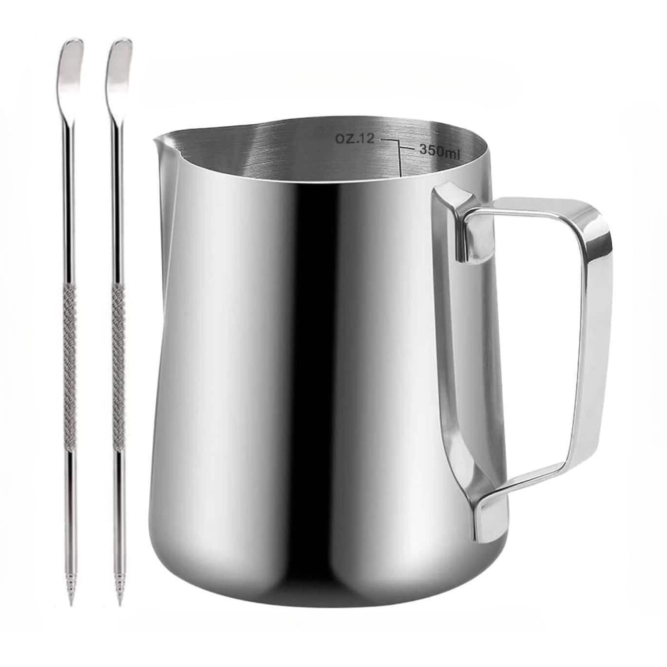 Dapper Styles - Milk Frothing Pitcher / Gooseneck Spout Coffee Tea Pot Frother Cup Stainless Steel Cappuccino Latte Art Bar - Silver&2pen-12 Ounces
