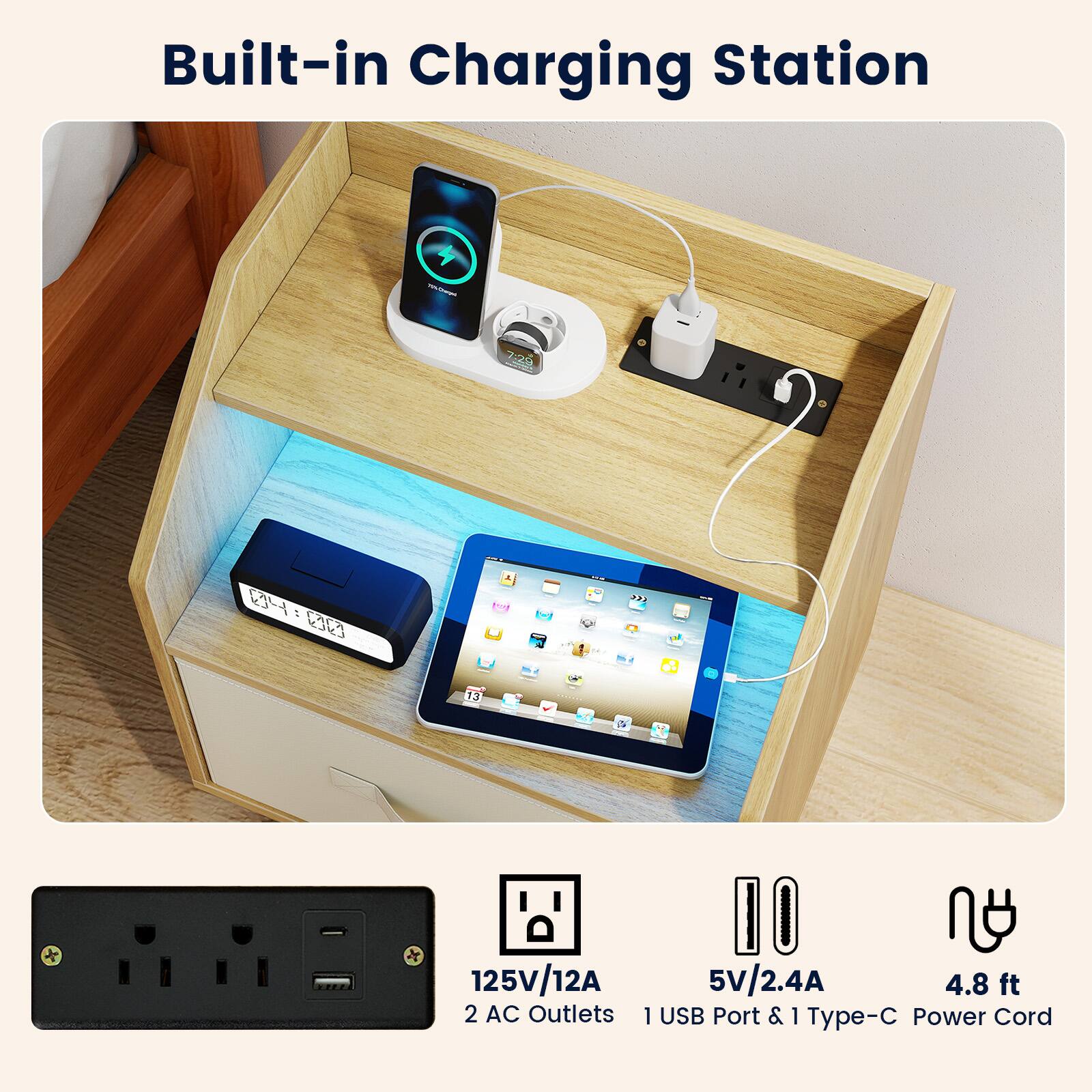 Built-in Charging Station

100mges)
7:29
04:00 04:00
13
125V/12A 2 AC Outlets
5V/2.4A 4.8 ft 1 USB Port & 1 Type-C Power Cord