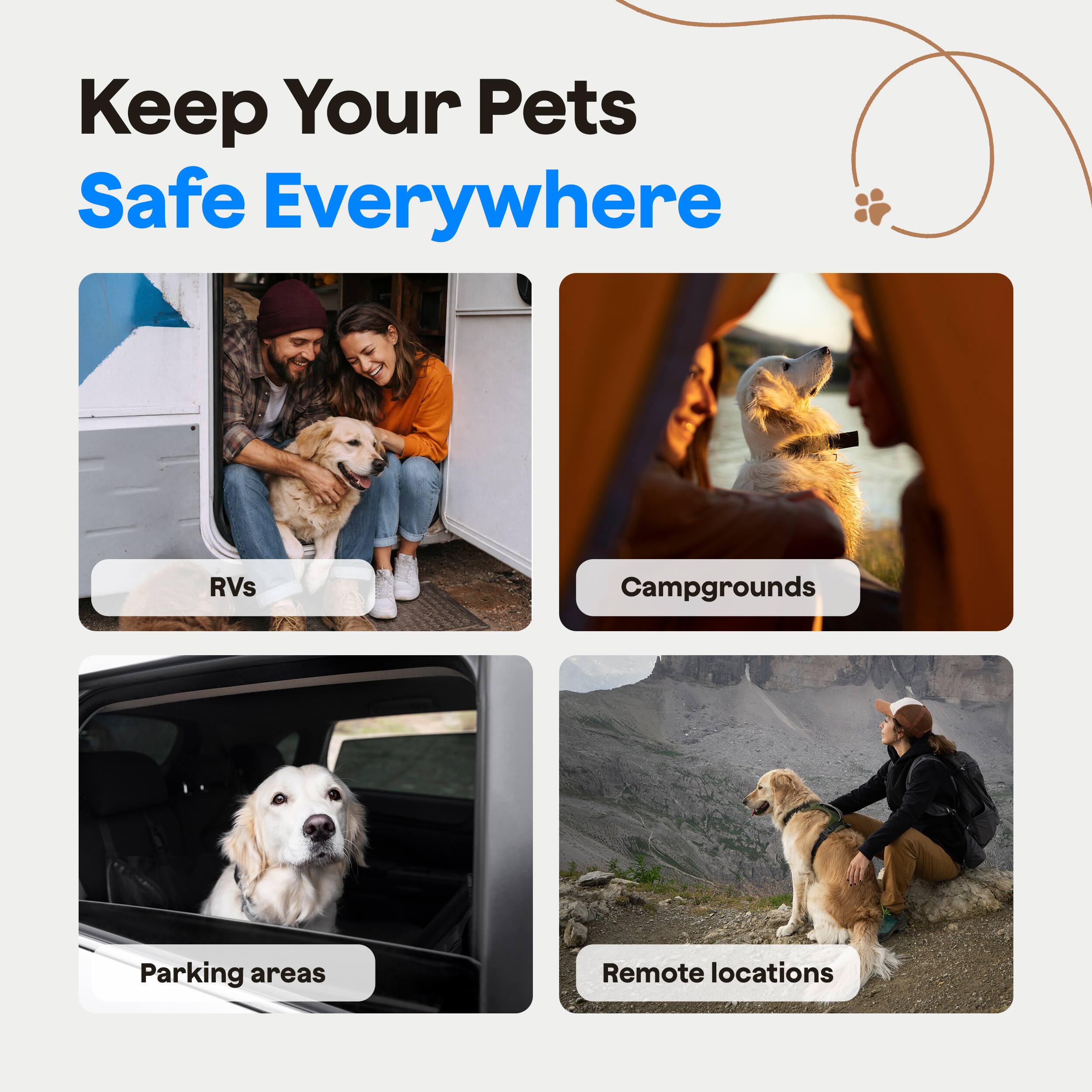 Keep Your Pets Safe Everywhere

RVs  
Campgrounds  
Parking areas  
Remote locations