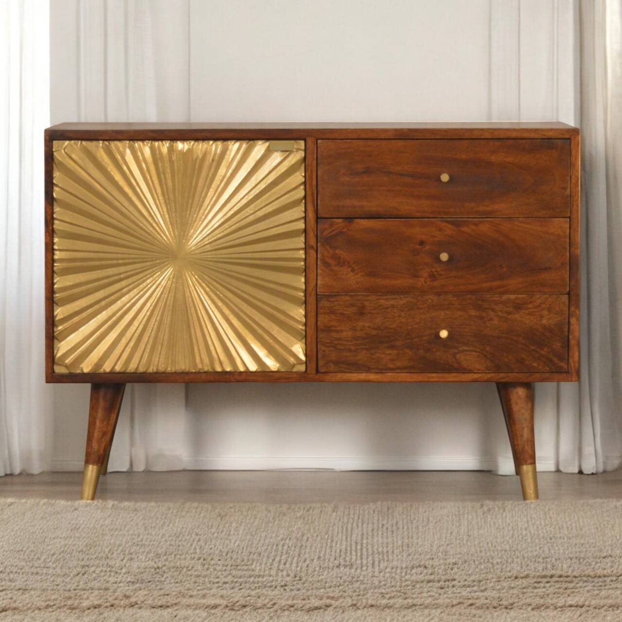 Angle. Artisan Furniture - Artisan Furniture Solid Wood Manila Gold Sideboard, 3 Drawers, 2 Shelves, Gold and Brown - Brown and Gold.