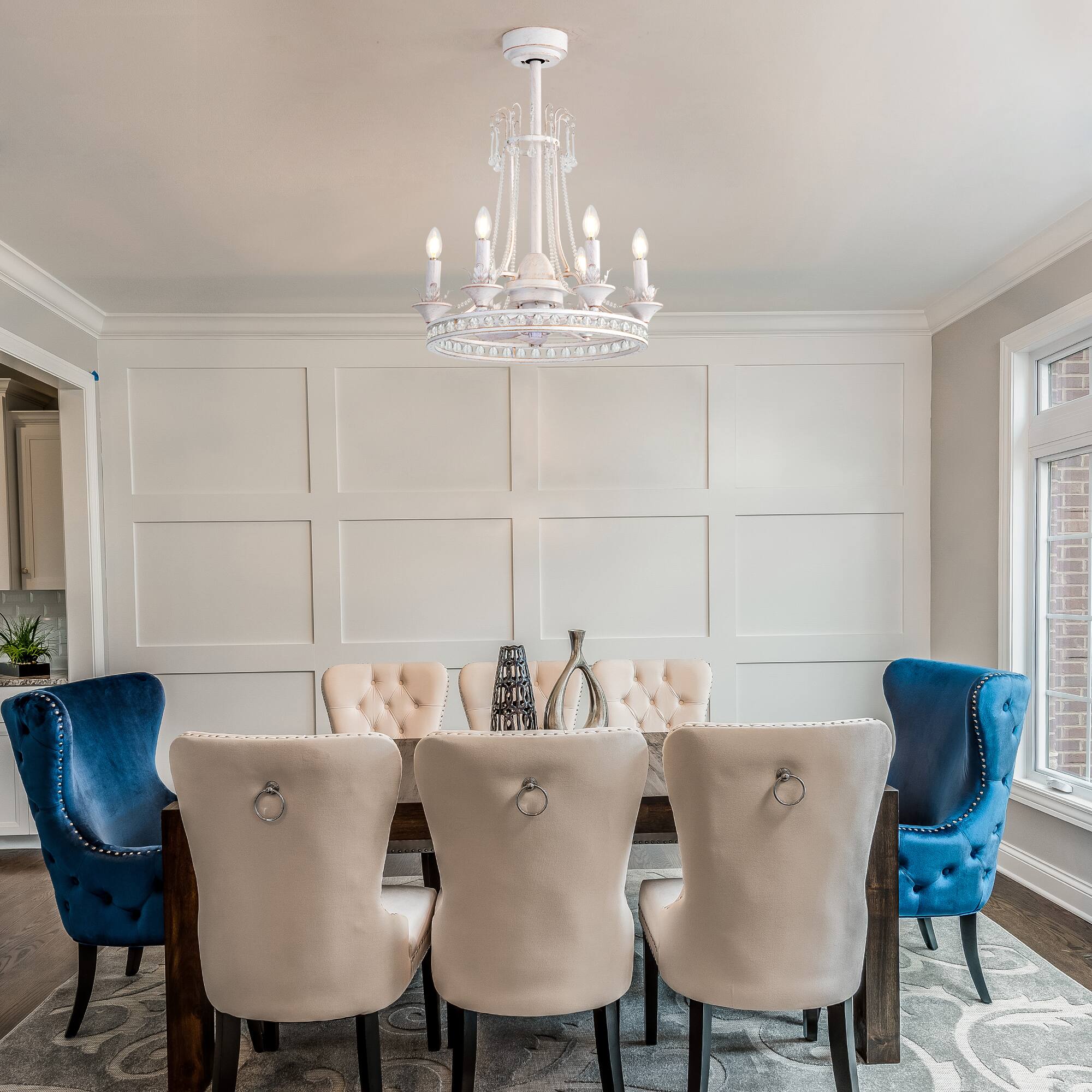 Back. Breezary - 22-Inch Crystal Light Bulb Ceiling Fan, 7 ABS Blades, DC Motor, Semi-Flush Mount, Reversible Function, Remote Control - White Gold and Grey.