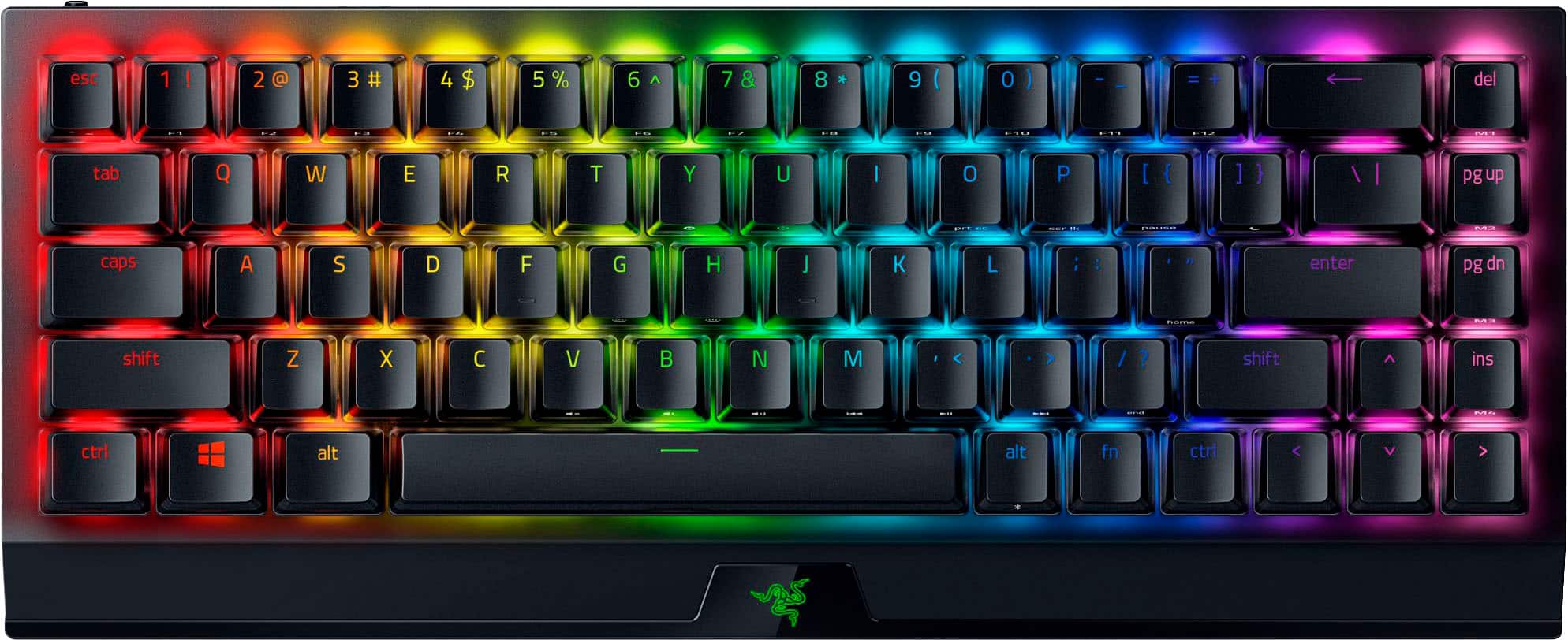 The text on the image is a description of a keyboard with a rainbow color scheme. The keys are labeled with their corresponding functions, such as "Esc" for the escape key, "1!" for the exclamation mark, and "1" for the number one key. The other keys are also labeled with their corresponding functions, such as "2@" for the number two key, "3" for the number three key, and so on. The keyboard is designed to be visually appealing and easy to use for typing and gaming.