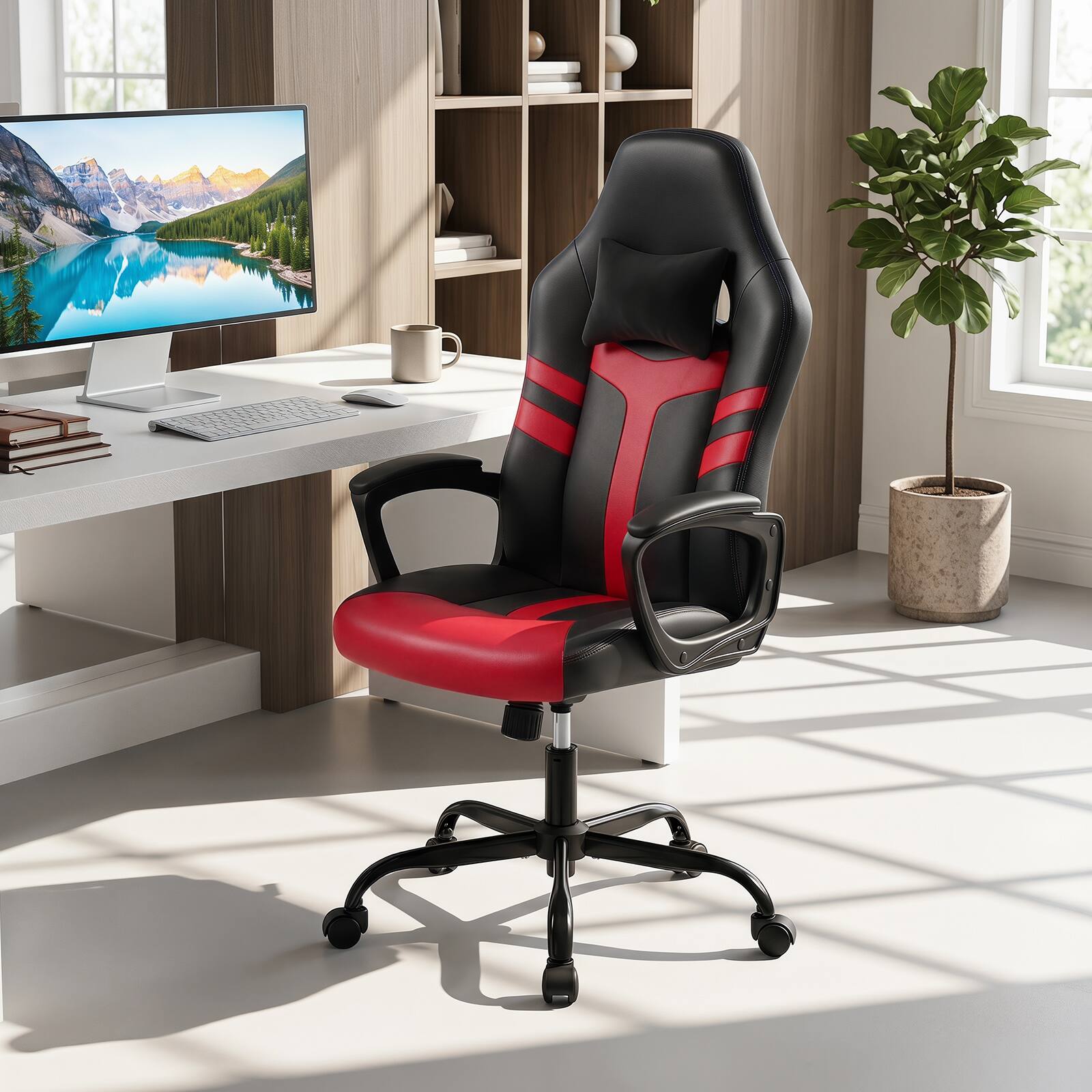 Alt View 3. Costway - Costway Faux Leather Upholstered Office Chair with Removable Head Pillow, Padded Armrests - Red + Black.