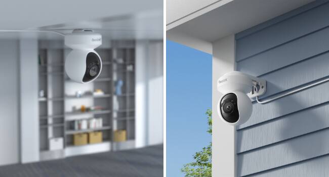 Left. Reolink - Reolink E1 Outdoor SE PoE 4K 8MP 360° Auto-Tracking Security Camera Color Night Vision Person Vehicle Animal Detection - white.