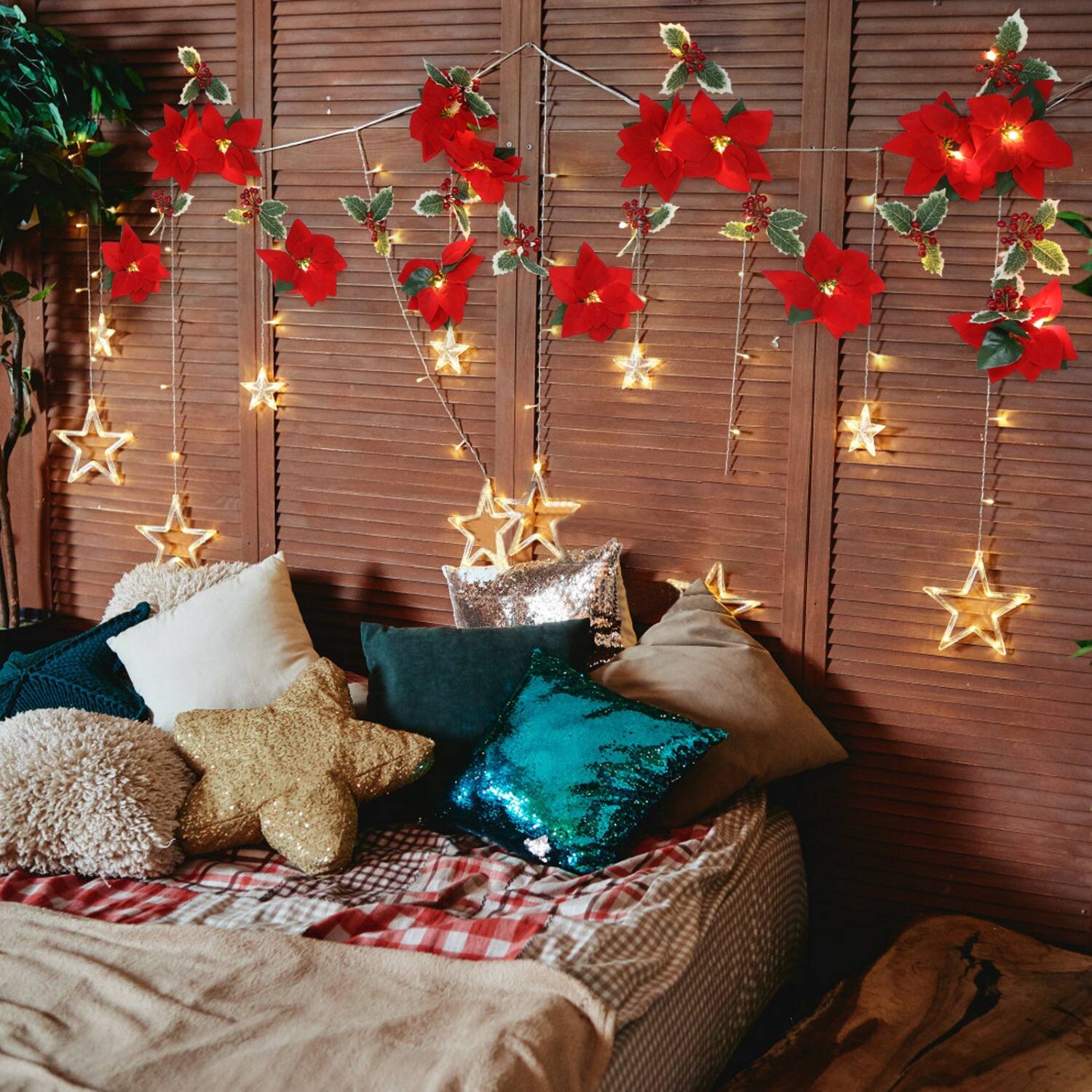 Alt View 2. Oumilen - Christmas Poinsettia Flower String Lights – Battery Red Artificial Garland Lights for Xmas Fireplace Mantel Decor.