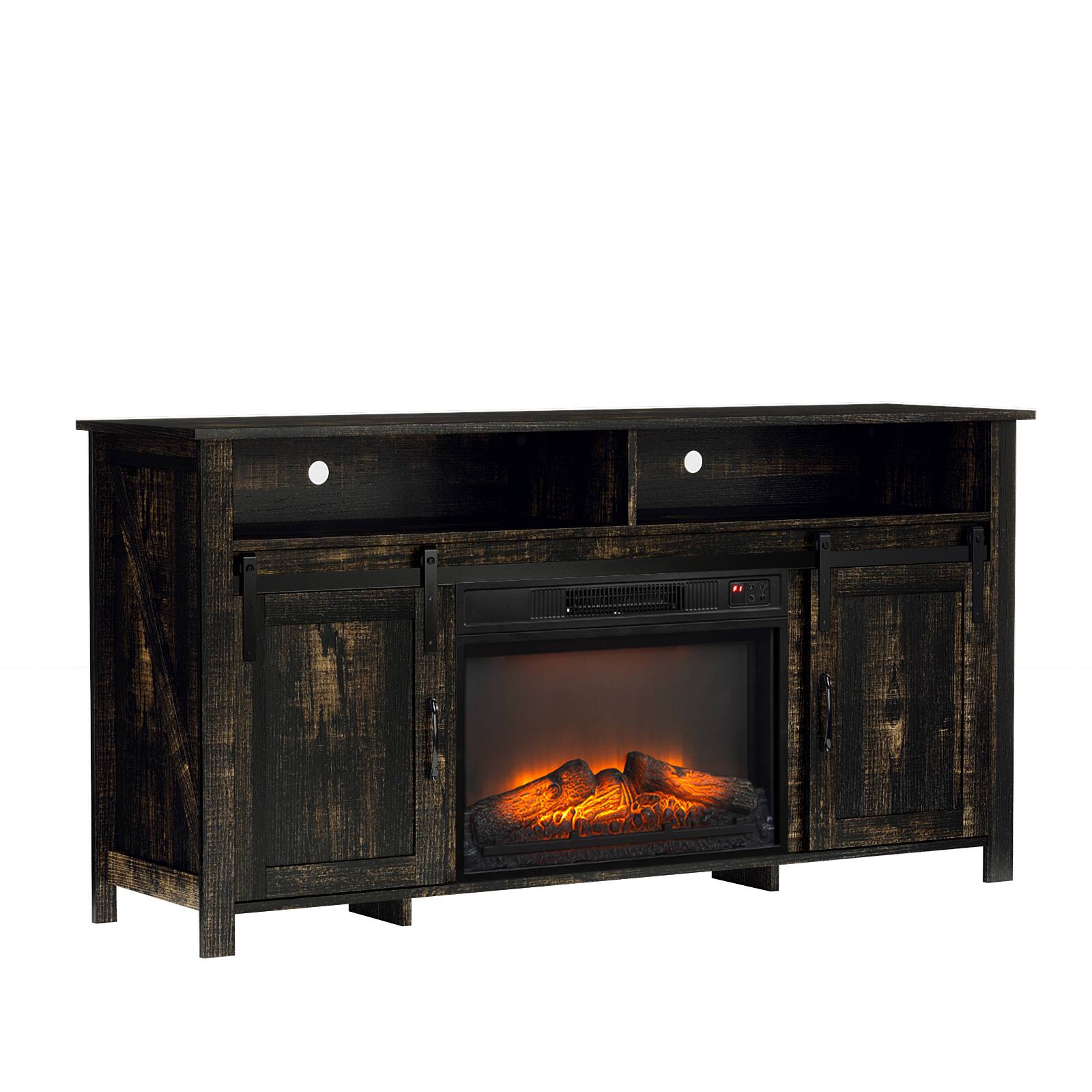 Alt View 6. Chateau Abodes - 58" Fireplace TV Stand with 23" Insert, Brown Barn Door Top & Sliding Track - Black Gold Oak.