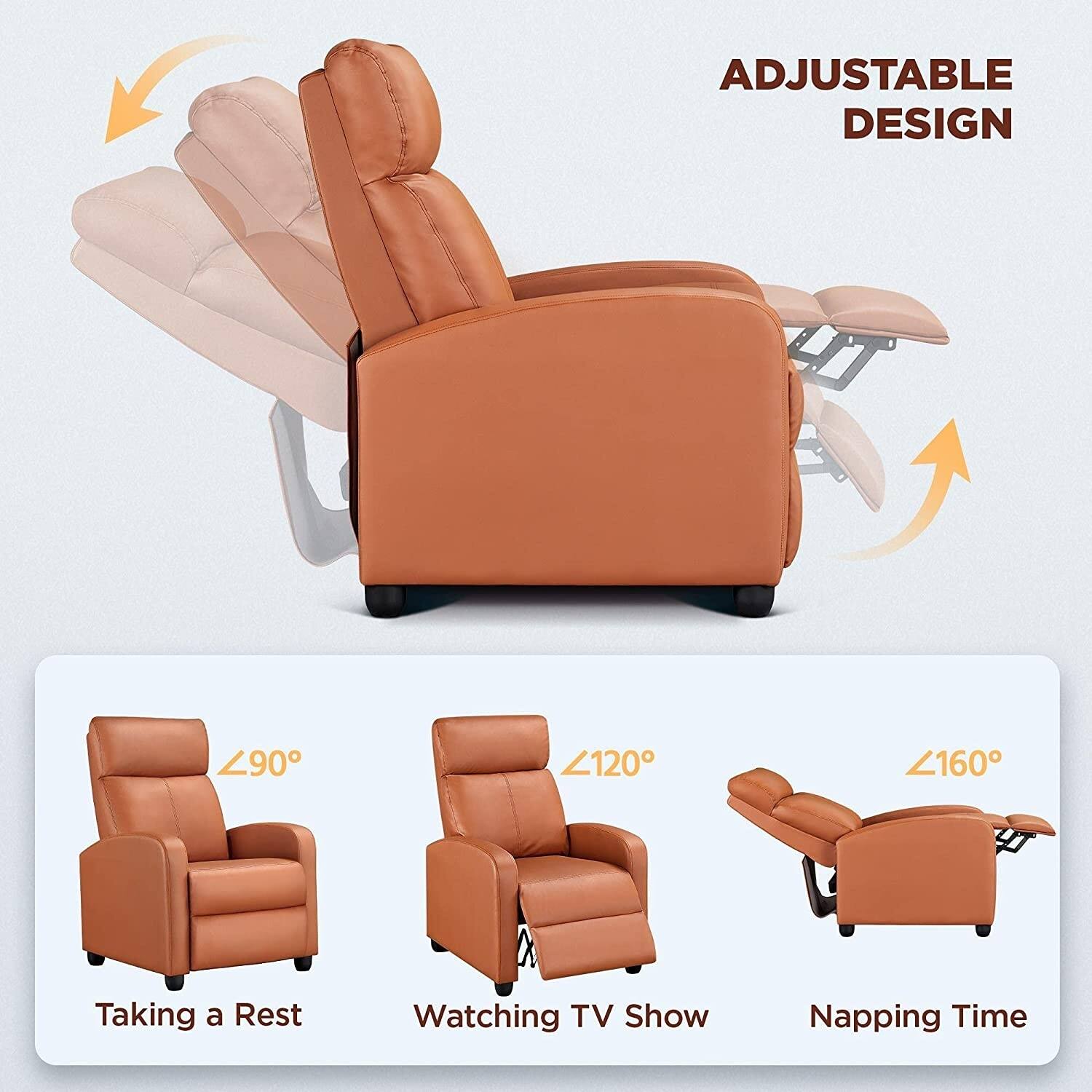 ADJUSTABLE DESIGN

Taking a Rest  
Watching TV Show  
Napping Time

≤90°  
≤120°  
≤160°