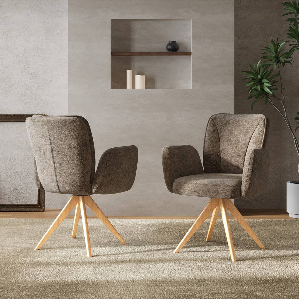 Back. POVISON - Mid-Century Modern Upholstered Swivel Wood Dining Chairs Set of 2, Fabric Armchairs for Dining & Living Room, Brown - Brown & Natural Wood.