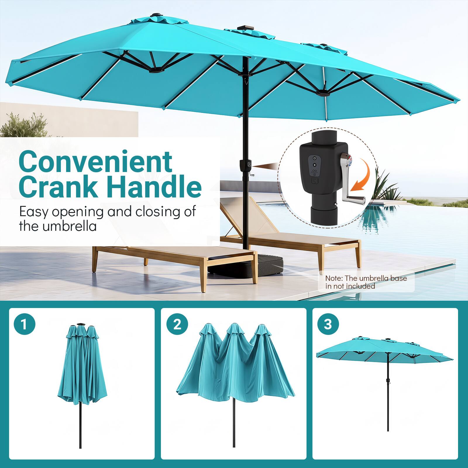 Convenient Crank Handle  
Easy opening and closing of the umbrella  

Note: The umbrella base is not included