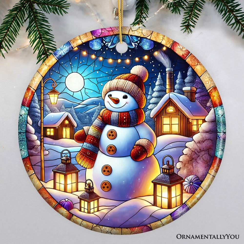 Back. OrnamentallyYou - Enchanting Snowman with Cozy Lantern in Winter Village Ceramic Ornament for Decor Version 2 - Multi-colored.