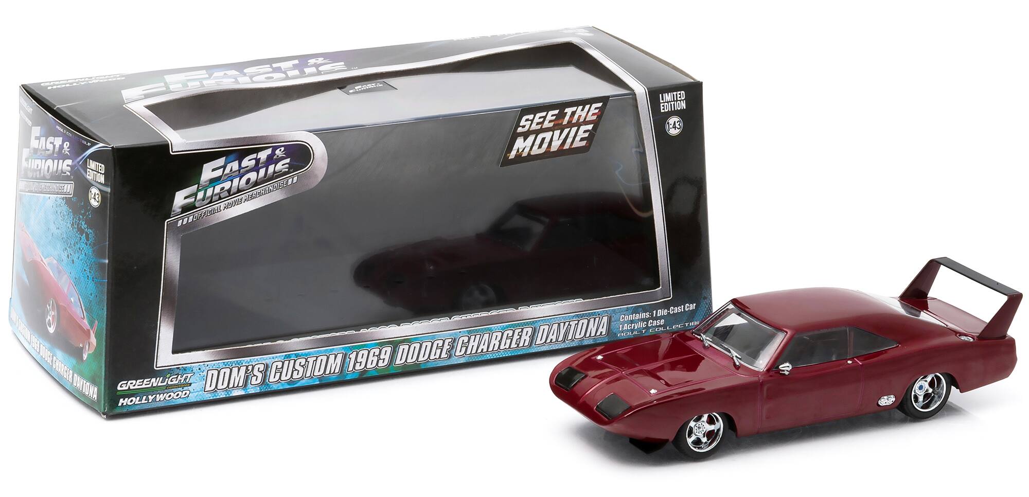 **Fast & Furious 9: The Movie**

**Greenlight Hollywood**

**Dom's Custom 1969 Dodge Charger Daytona**

**Limited Edition: 43**

**Contains:**

- 1 Die-Cast Car
- 1 Acrylic Case

**See the Movie**

**Limited Edition: 43**

**Die-Cast Car**

**1:64 Scale**

**18+**

**Fast & Furious**

**Hollywood**

**Dom's Custom 1969 Dodge Charger Daytona**

**Greenlight Hollywood**
