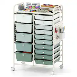 WELLFOR - 15-Drawer Rolling Storage Cart with Metal Tabletop and Pegboard, Scrapbook Paper Office School Organizer - Gradient Green