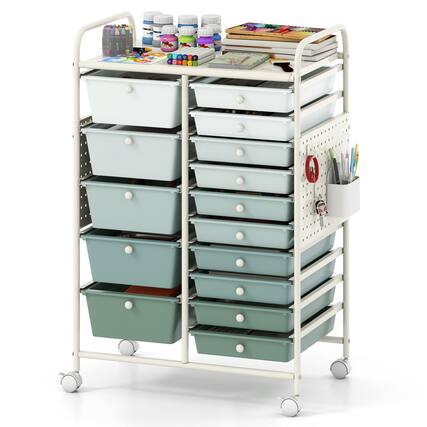 Front. WELLFOR - 15-Drawer Rolling Storage Cart with Metal Tabletop and Pegboard, Scrapbook Paper Office School Organizer - Gradient Green.
