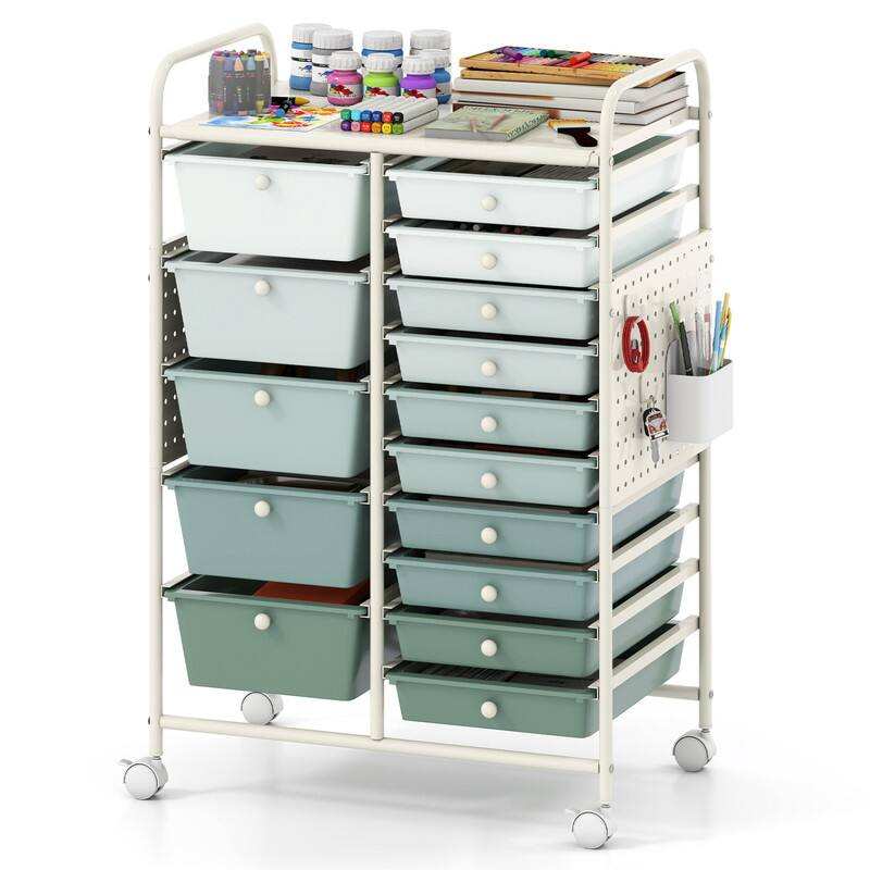 Front. WELLFOR - 15-Drawer Rolling Storage Cart with Metal Tabletop and Pegboard, Scrapbook Paper Office School Organizer - Gradient Green.
