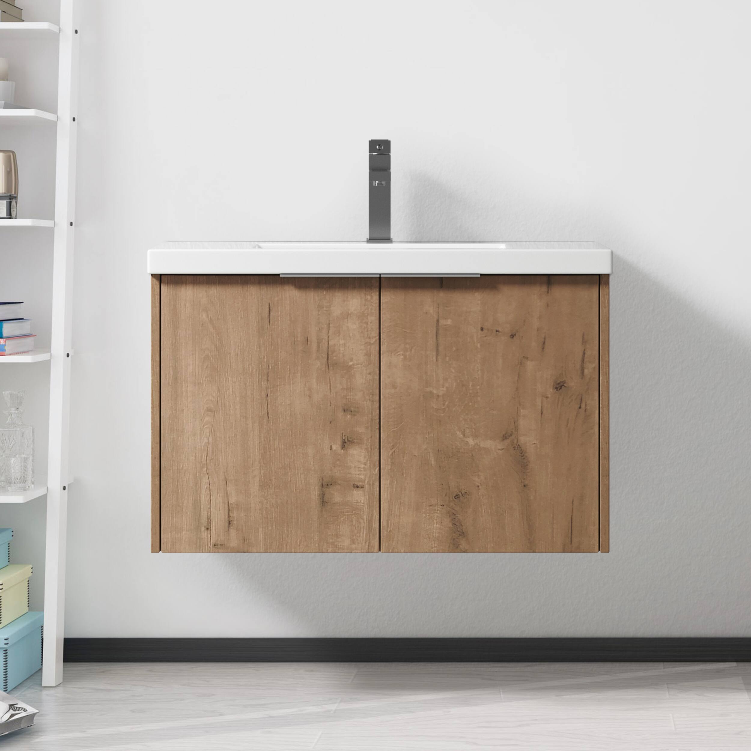 Front. ELEMENT ACE - Modern Soft Close Bathroom Vanity with Resin Sink and Open Shelf Storage for Small Spaces - Imitative Oak.