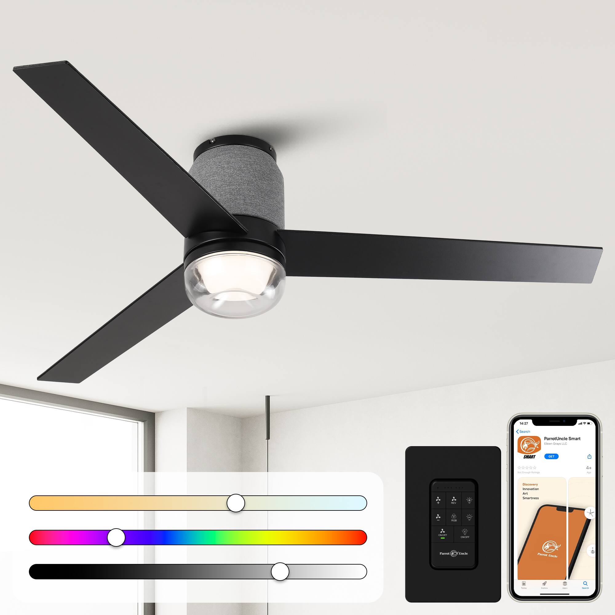 Parrot Uncle - 52" Modern RGB LED Low Profile Smart Ceiling Fan with Light and Remote and App Control - Matte Black