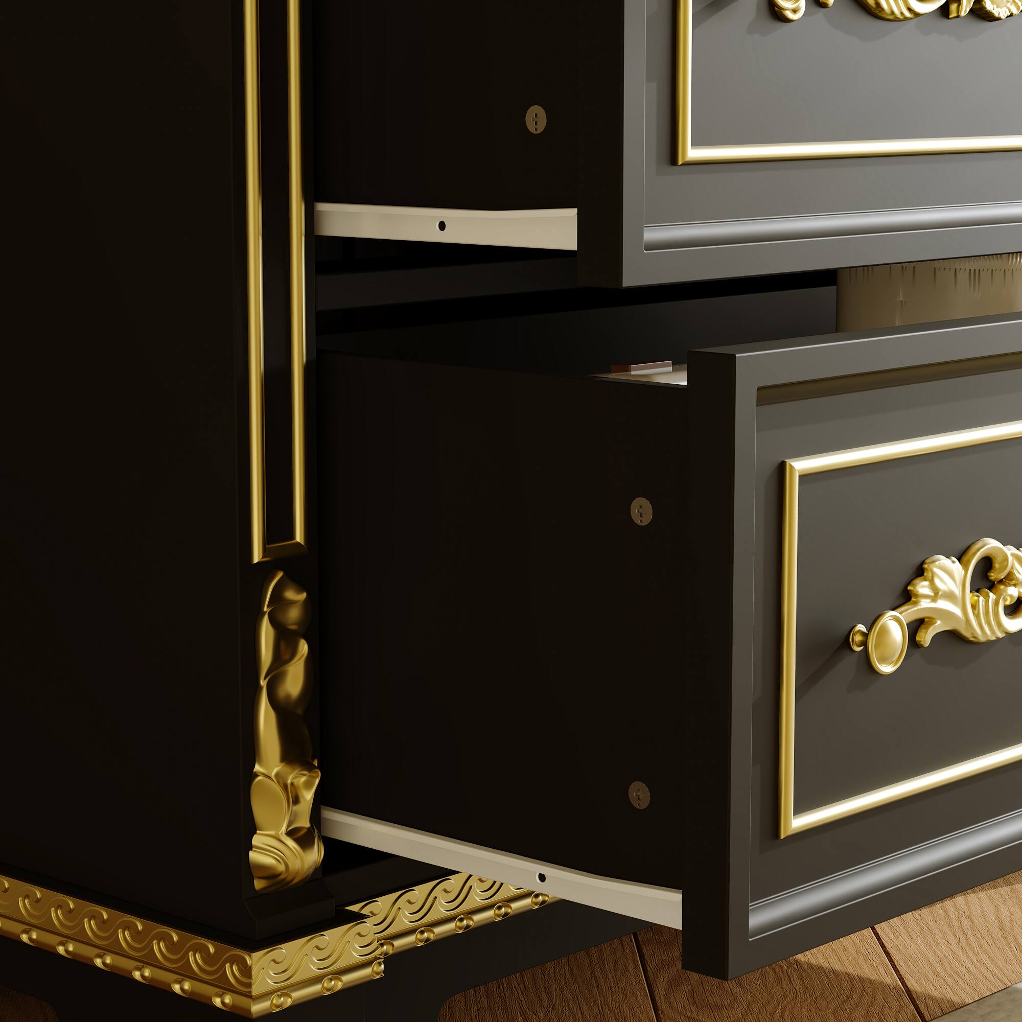 Alt View 1. Famapy - Luxury Display Cabinet with Carved Details, Tall Accent Storage Cabinet with Open Shelves and Drawers for Living Room.