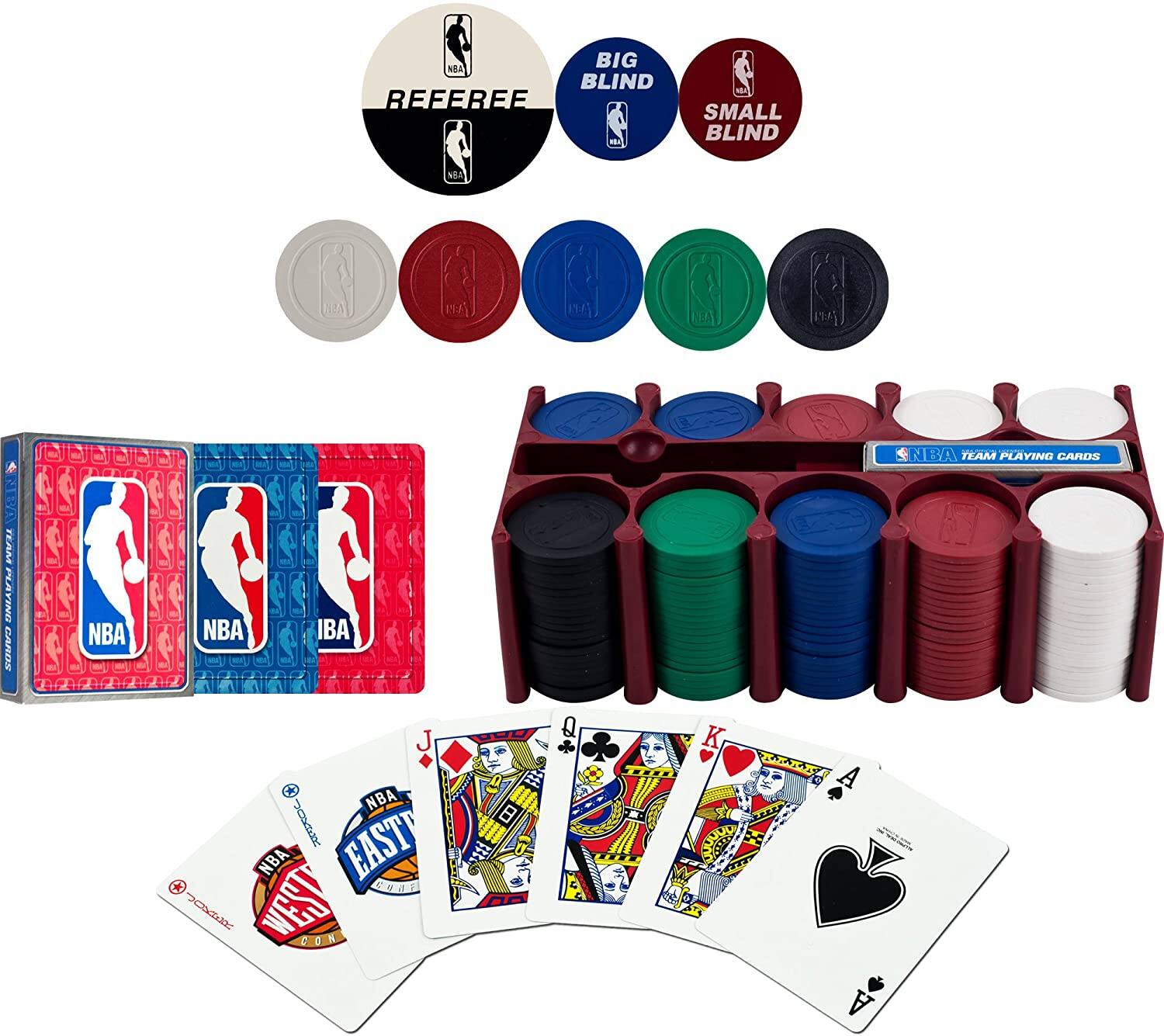 Sure, here is the corrected and grouped text from the image:

- NBA
- REFEREE
- BIG BLIND
- SMALL BLIND
- NBA TEAM PLAYING CARDS
- EAST
- WEST
- J
- Q
- K
- A
