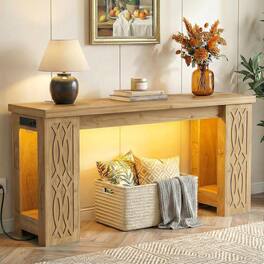 Aheaplus - 63' Farmhouse Console Table - Narrow Entryway Table with Charging Station and RGB LED Lights - Nature