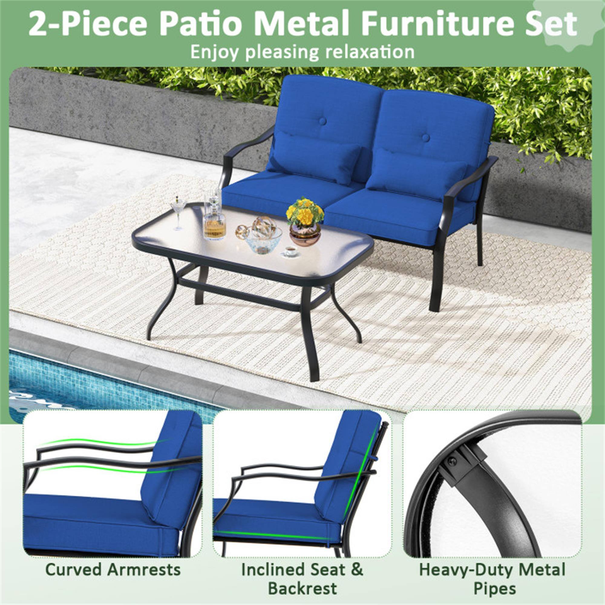 2-Piece Patio Metal Furniture Set  
Enjoy pleasing relaxation  

- Curved Armrests  
- Inclined Seat & Backrest  
- Heavy-Duty Metal Pipes