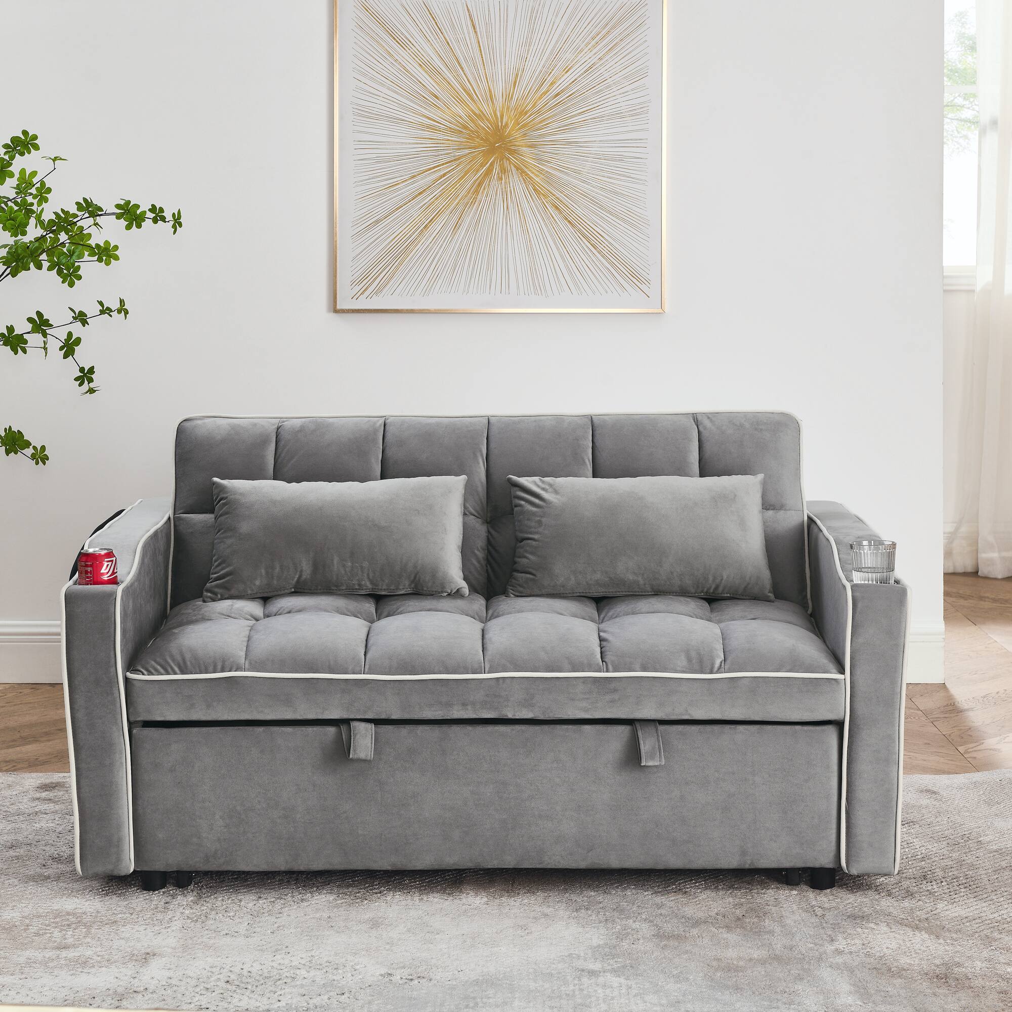 Angle. Tiramisubest - Modern Velvet Versatile Foldable Sofa Bed in 3 Lengths,Adjustable Back w/ USB Port,Ashtray & Swivel Phone Stand (Grey) - Grey.