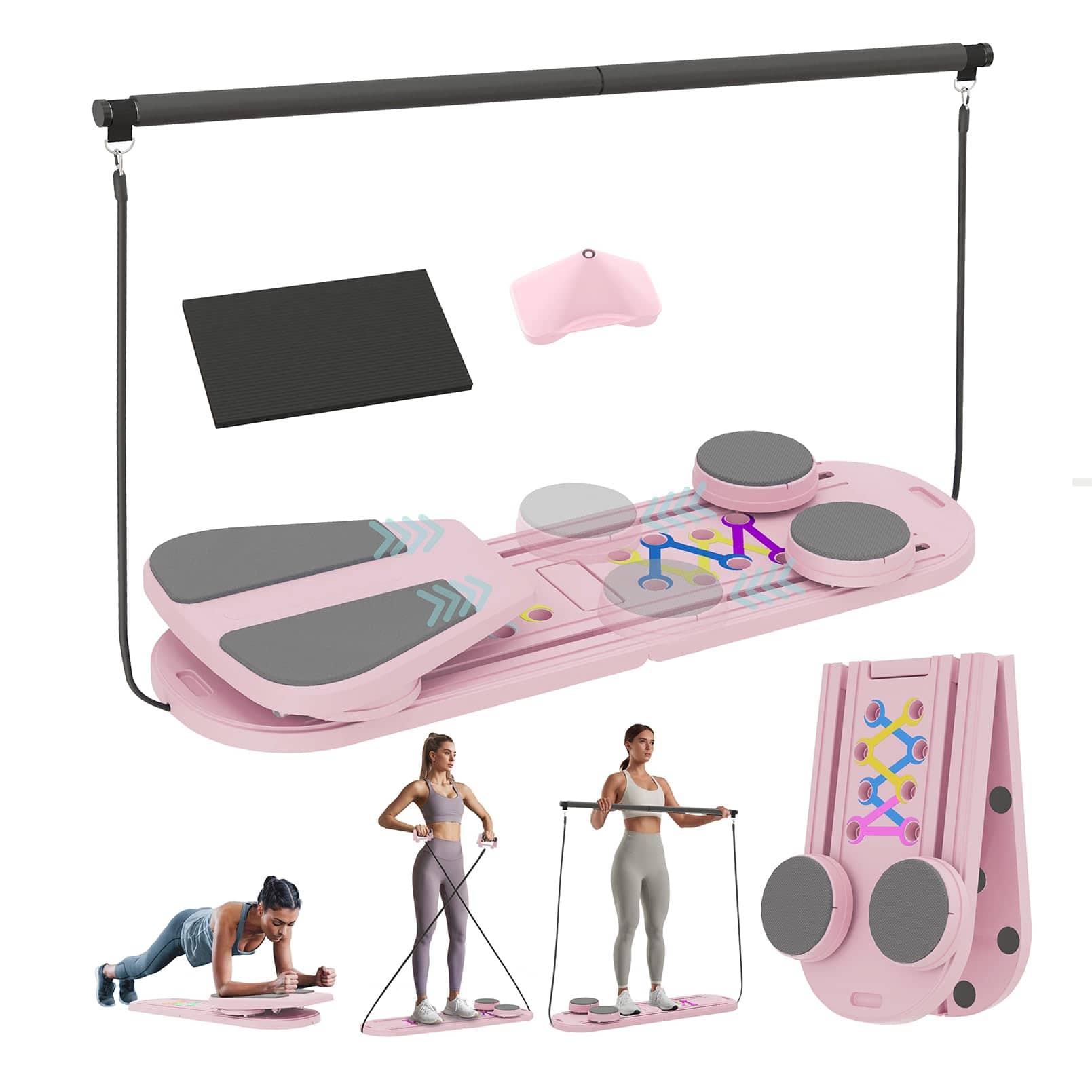 ThinkLink Electronic - Pilates Board Multifunctional Reformer Machine With Ab Trainer Portable For Core Full Body Workout Foldable - Pink