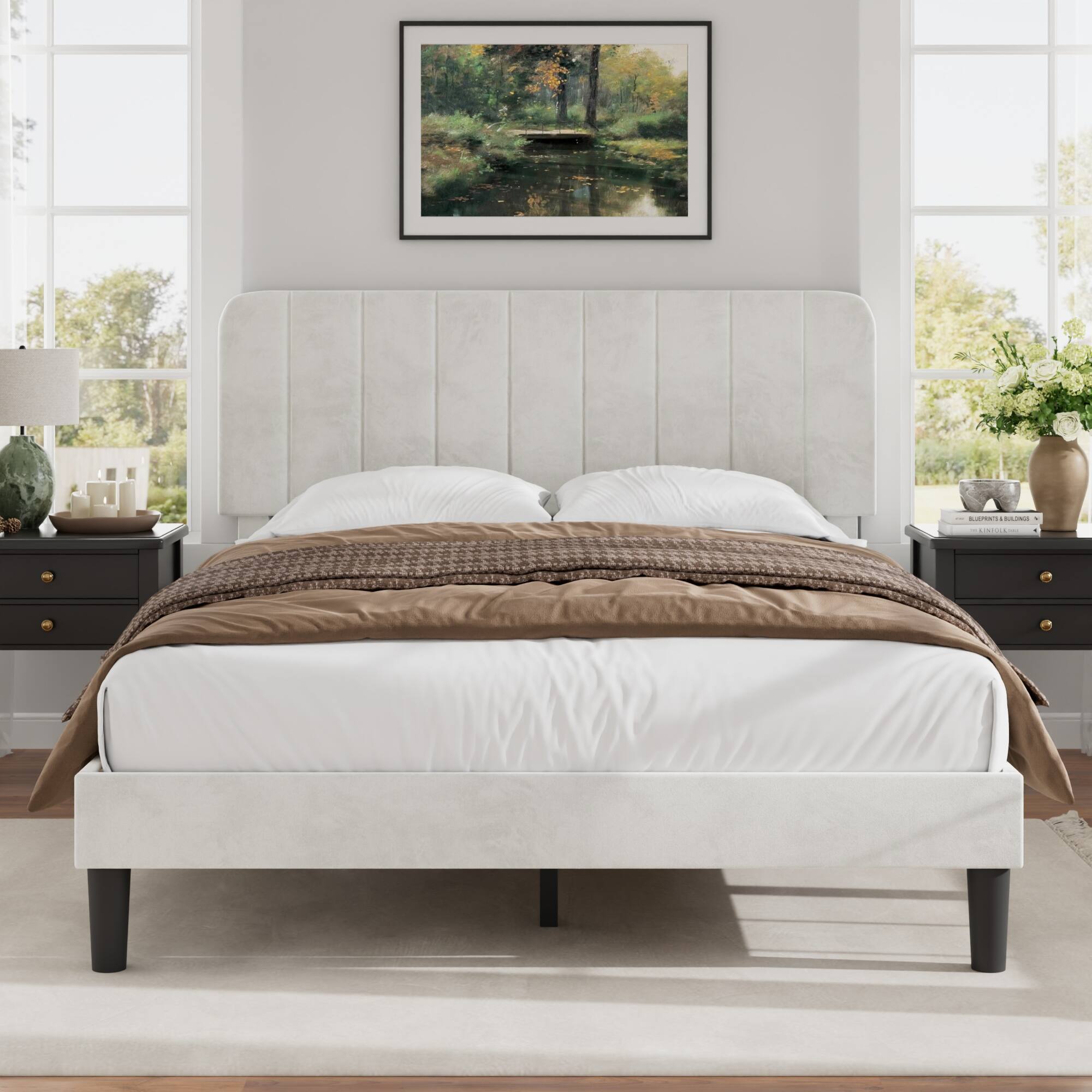 Vecelo - Queen Bed Frame w/ Padded Headboard & Platform, Reinforced Wood Slats - No Box Spring, Velvet Dark Blue - Easy Assembly - White