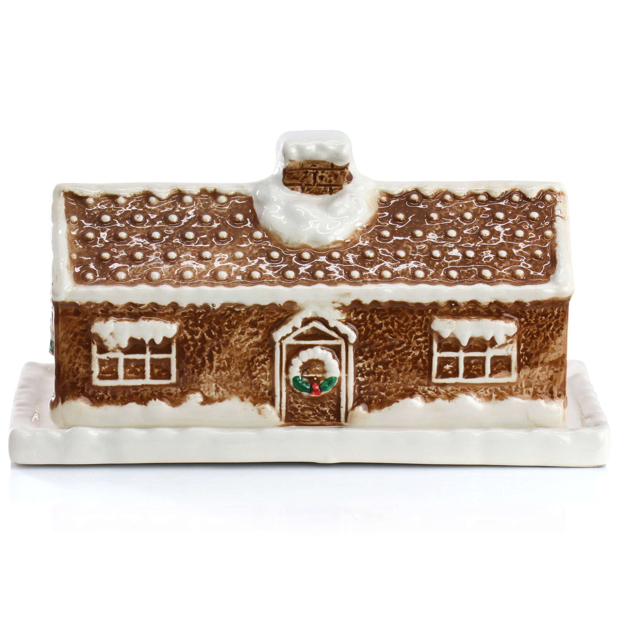 Alt View 1. Martha Stewart - Martha Stewart 7in x 3.7in Ceramic Gingerbread House Butter Dish in Brown - Brown.